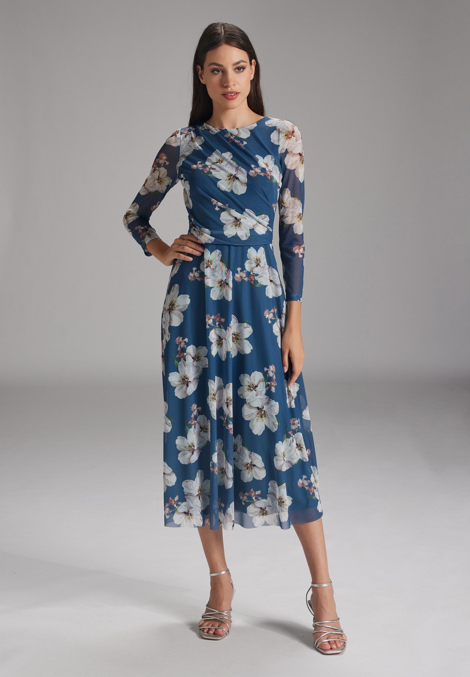 SWING Cocktailkleid - Midilanges Meshkleid mit 3/4-Arm Taillierte Schnitt mit fließendem Rock