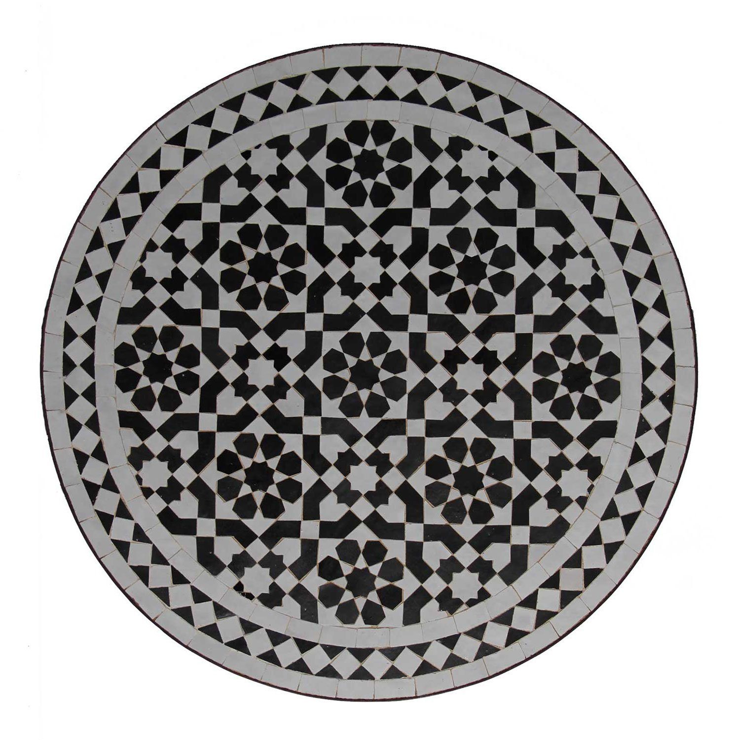 Casa Moro Gartentisch Mediterraner Mosaiktisch Ø 70 cm rund schwarz weiß  glasiert mit Eisengestell, Kunsthandwerk aus Marokko, Dekorativer  Balkontisch Boho Beistelltisch, MT2144, Handmade