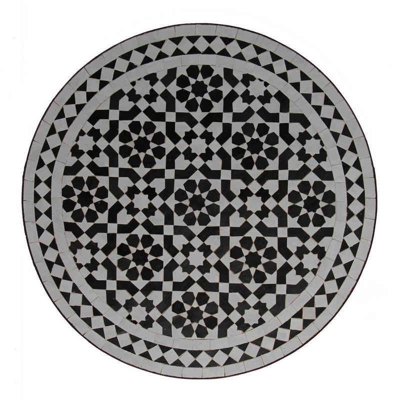 Casa Moro Gartentisch Mediterraner Mosaiktisch Ø 70 cm rund schwarz weiß glasiert mit Eisengestell, Kunsthandwerk aus Marokko, Dekorativer Balkontisch Boho Beistelltisch, MT2144, Handmade