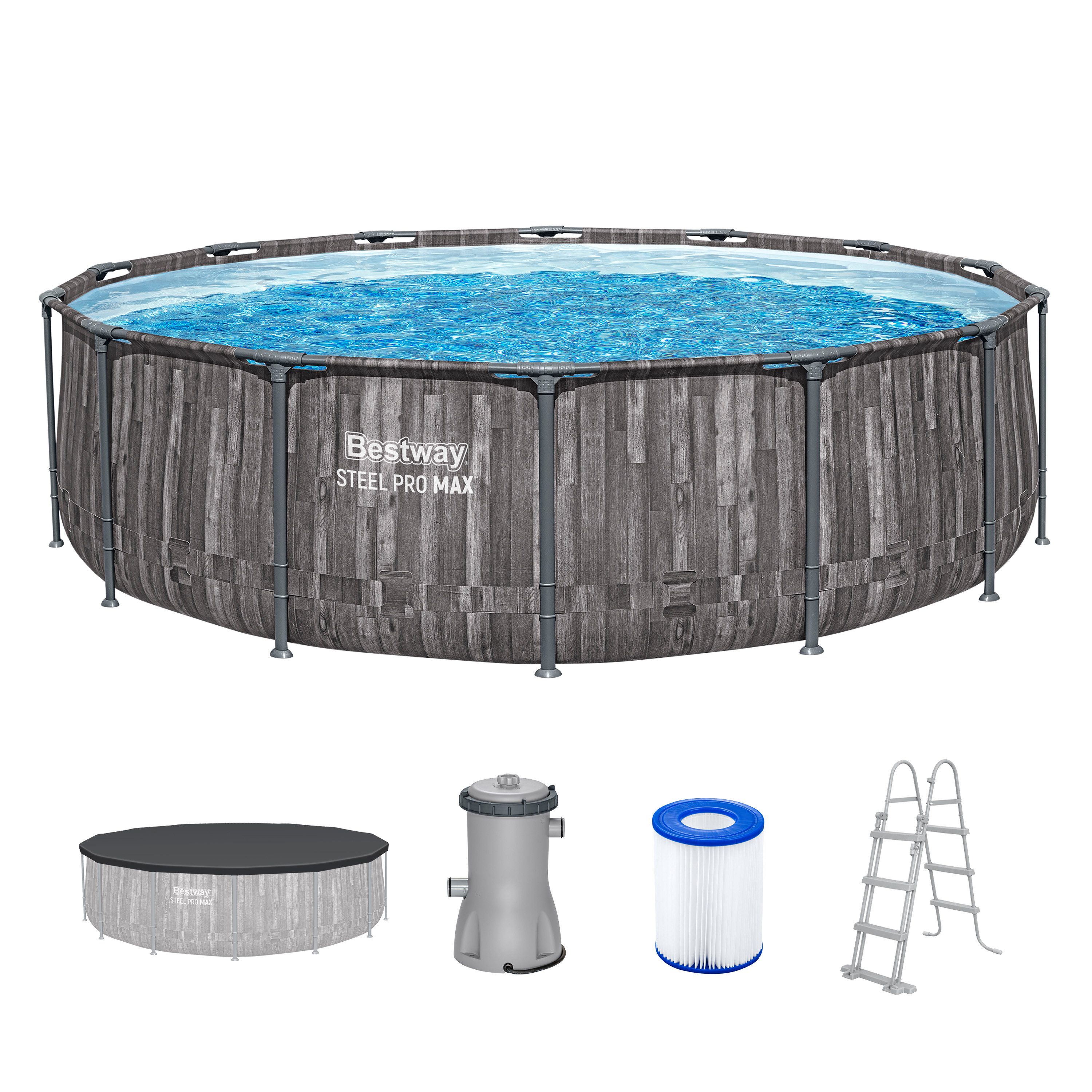 Bestway Framepool Steel Pro MAX™ (Set, Inkl. Filterpumpe, Sicherheitsleiter, Abdeckplane), Ø 427 x 107 cm