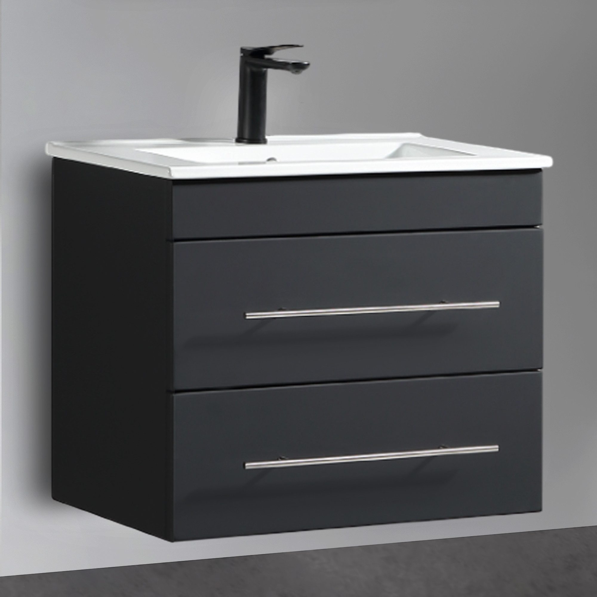 Alpenberger Badmöbel-Set Waschbecken mit Unterschrank - Waschbeckenunterschrank mit Schubladen, (Waschtisch mit Waschbecken 60cm breit, Waschbeckenschrank Hängend), Badezimmerschrank Schwarz Matt 60 cm Breit