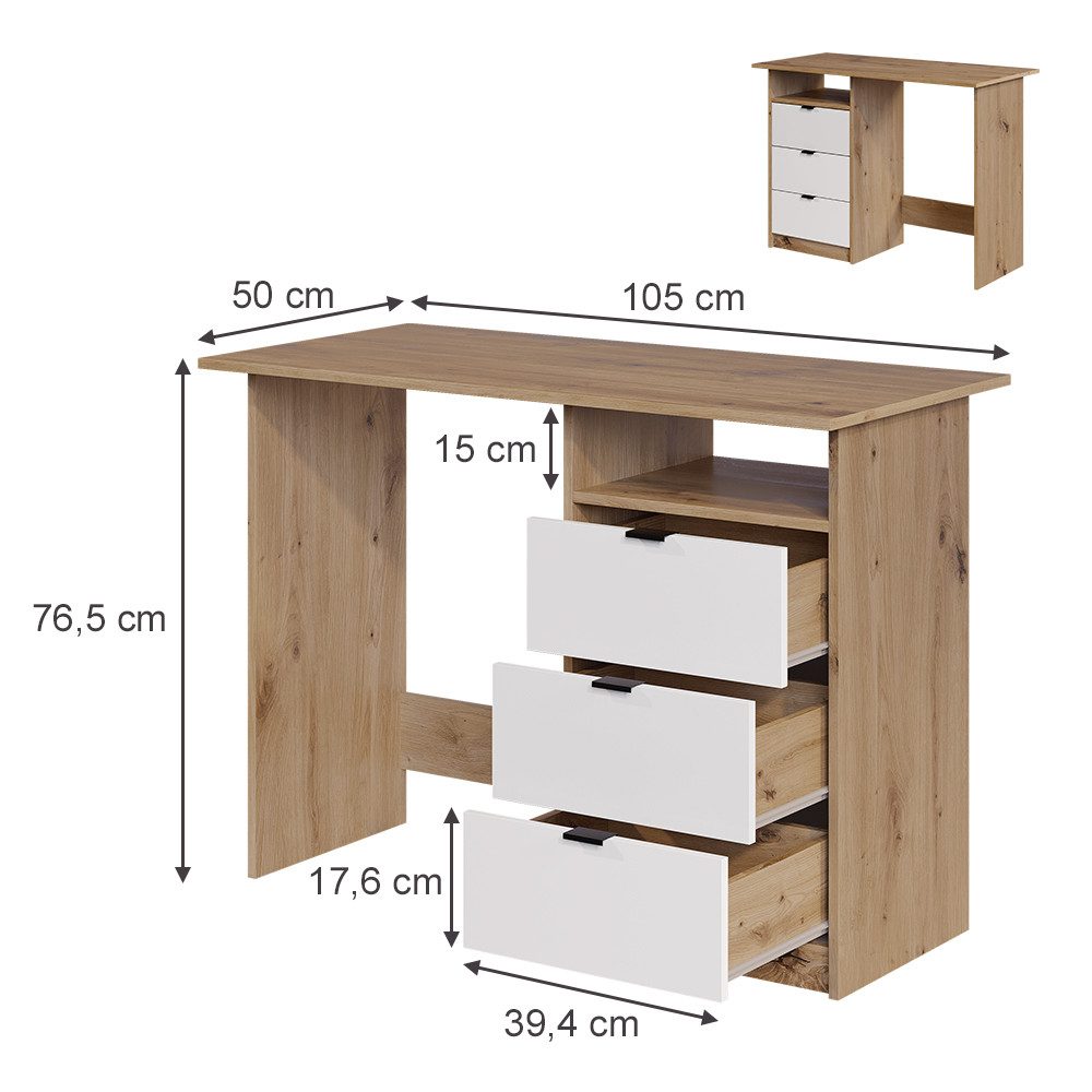 Vicco Schreibtisch Meiko, Weiß/Artisan/Artisan, 105 x 50 cm mit Schubladen (1-St)