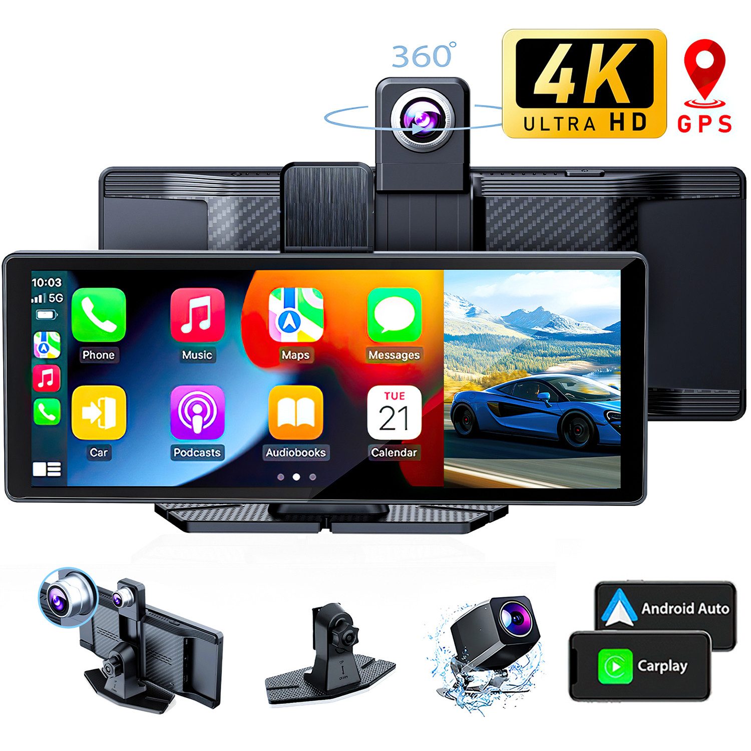 ibettertec Dashcam Auto, Autokamera,Kamera Carplay mit GPS Navigationsgerät Dashcam (1600*1600 HD, WLAN (Wi-Fi), apple carplay, Android Auto, GPS-Navigation,Car-Audio-Receiver,Sprachsteuerung, 10.26 Zoll,für Auto LKW PKW,Wohnmobil Auto-Stereo-Touchscreen)