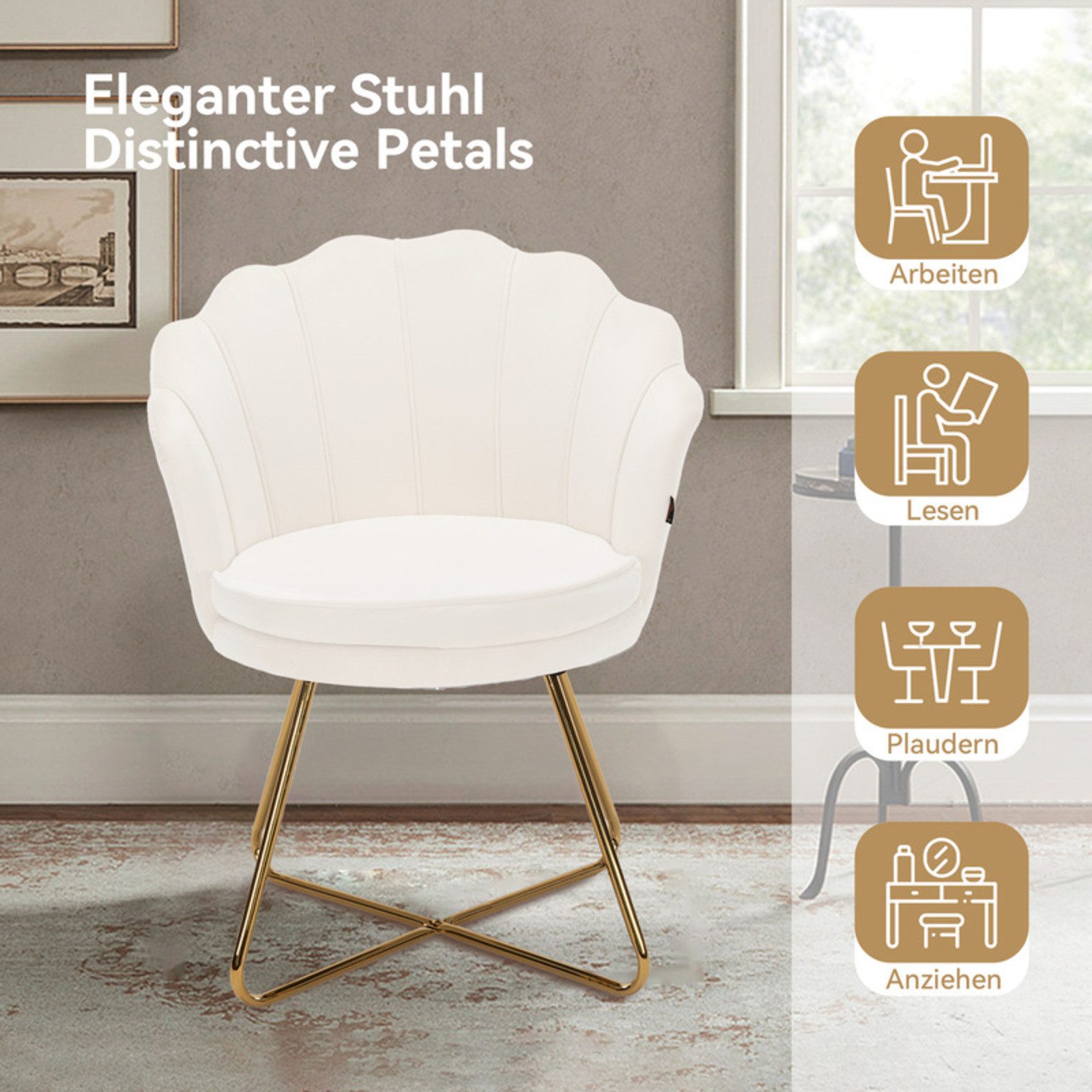 HawthyHome Polsterstuhl Polstersessel mit Blütenblatt-Rückenlehne & Goldene Metallbeine (1 St), ideal für Esszimmer & Schminktisch – Bild 5 von 5