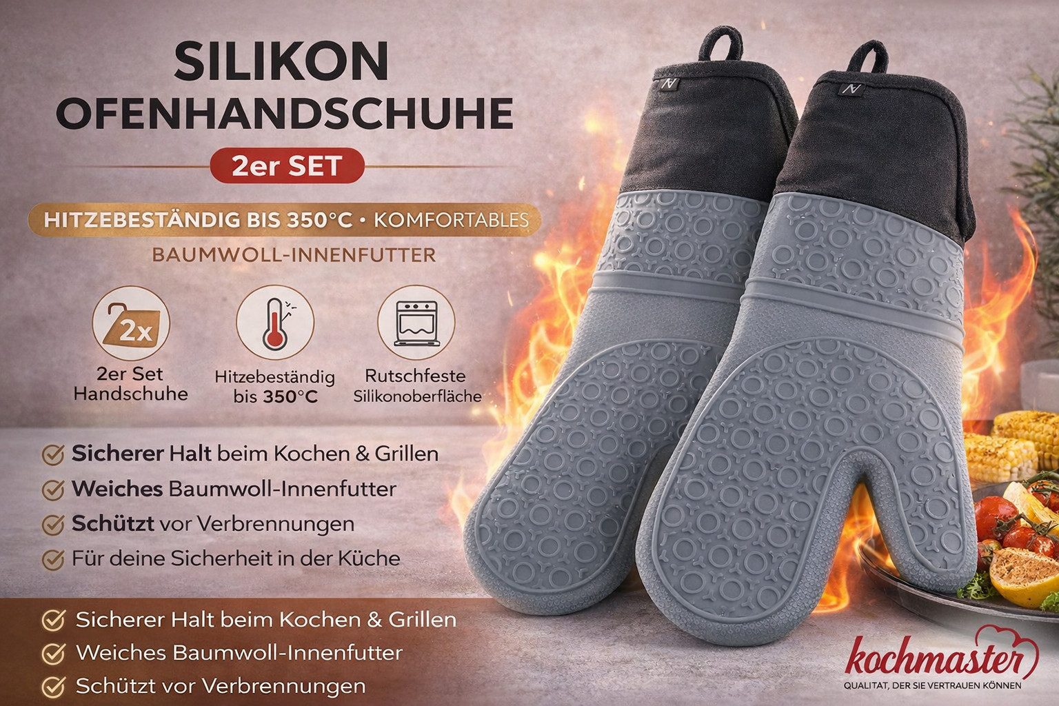 kochmaster Hitzeschutzhandschuhe kochmaster Silikon Ofenhandschuhe 2er Set – Hitzebeständig