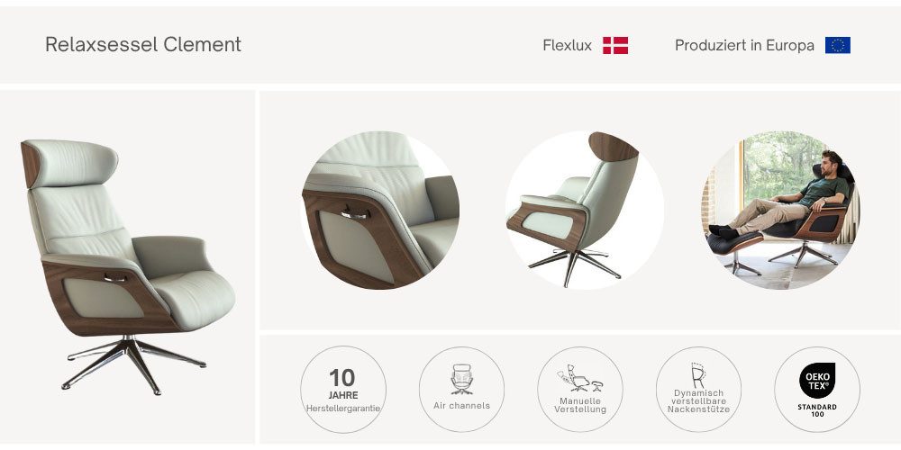 FLEXLUX Relaxsessel Clement Rücken u. Kopfverstellung, ergonomisch, Airchannels, Rücken- & Kopfteilverstellung, Drehbar, Armlehne Eiche, Fuß Alu