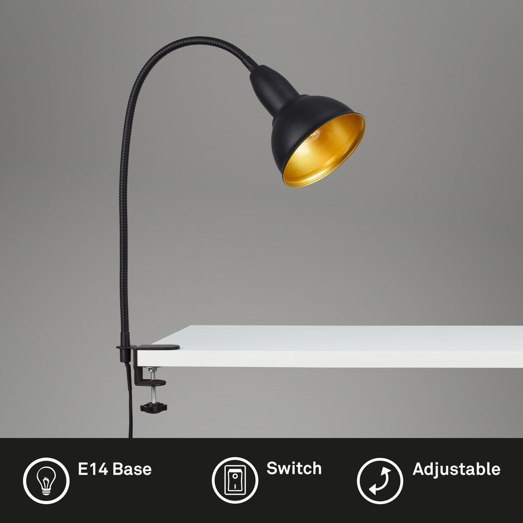 Briloner Leuchten Tischleuchte 2603-015, ohne Leuchtmittel, schwarz-gold, flexibler Arm, inkl. An/Aus Schalter, exkl. E14 max. 25W