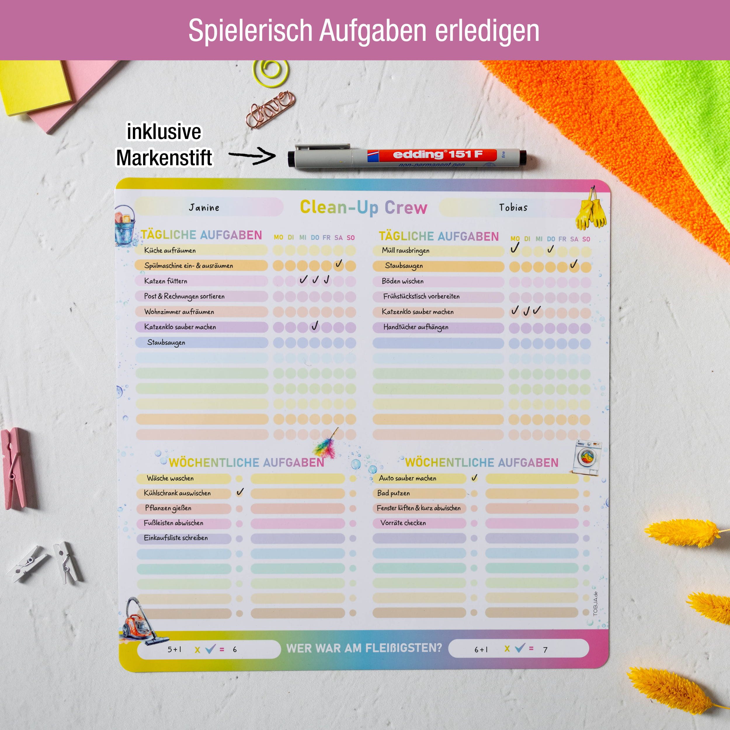 TOBJA Magnettafel Haushaltsplaner magnetisch 30x30 inkl. Stift, abwischbar, bunt, Putzplan für 2 Personen – Bild 4 von 5