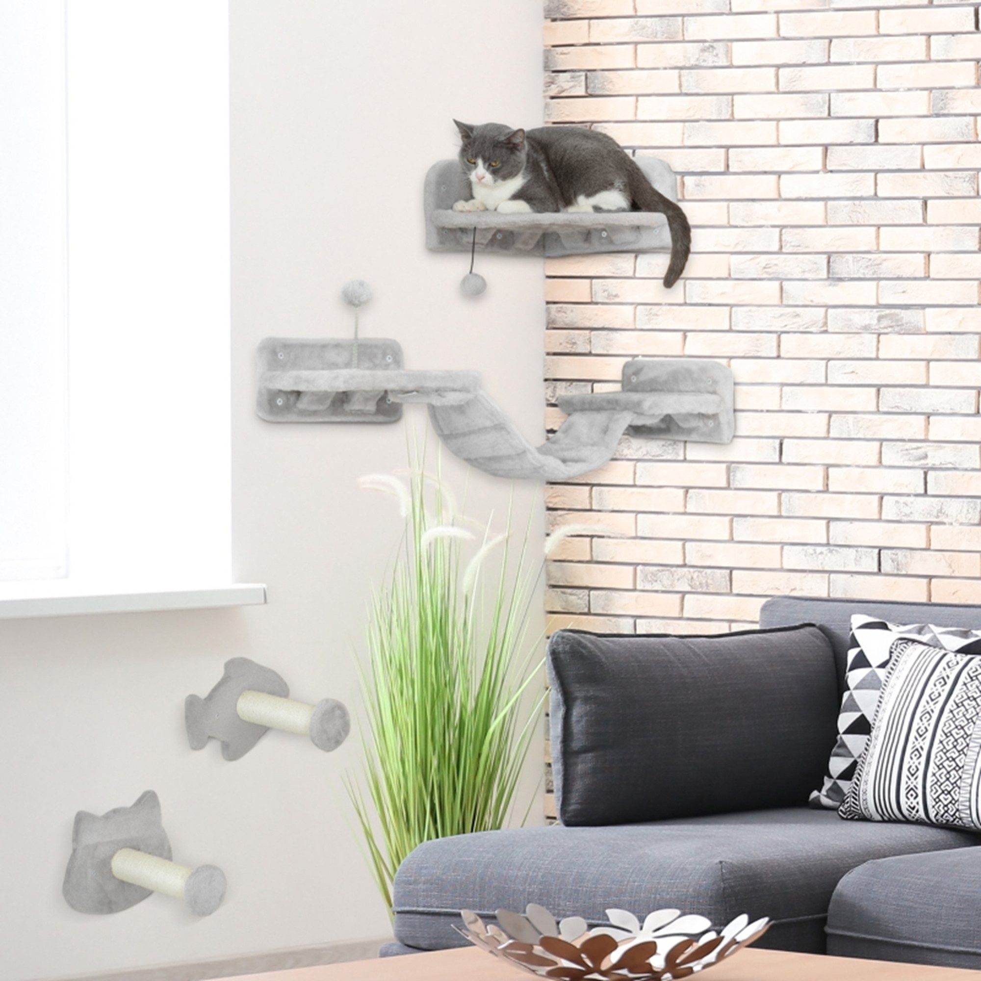 MC Star Katzen-Kletterwand 4-teilig, Kratzmöbel mit Sisal-Stufen, doppelter Plattform, Hellgrau/Cremeweiß