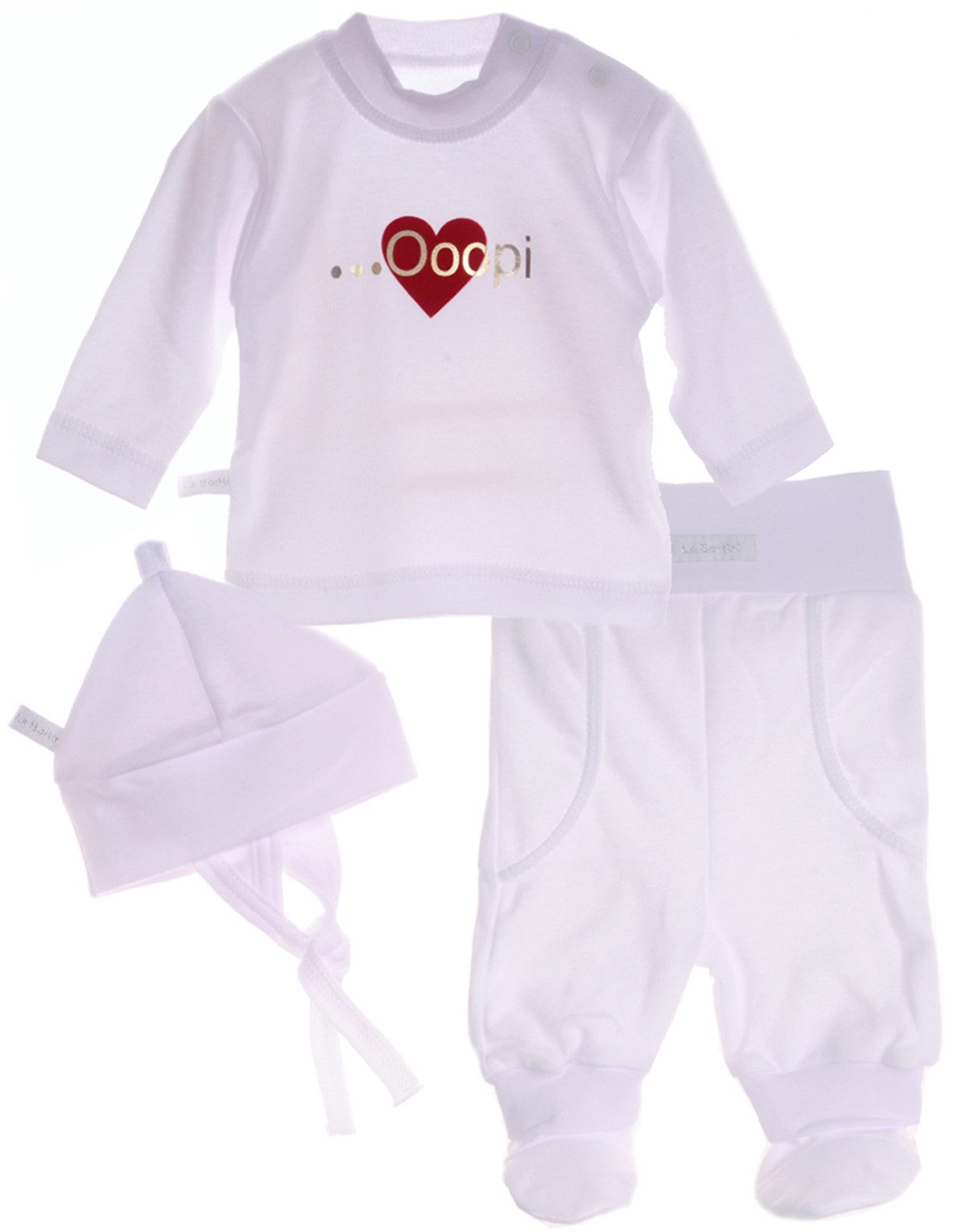 Langarmshirt & Hose Baby Anzug in Weiß Mütze Schlupfhose Shirt