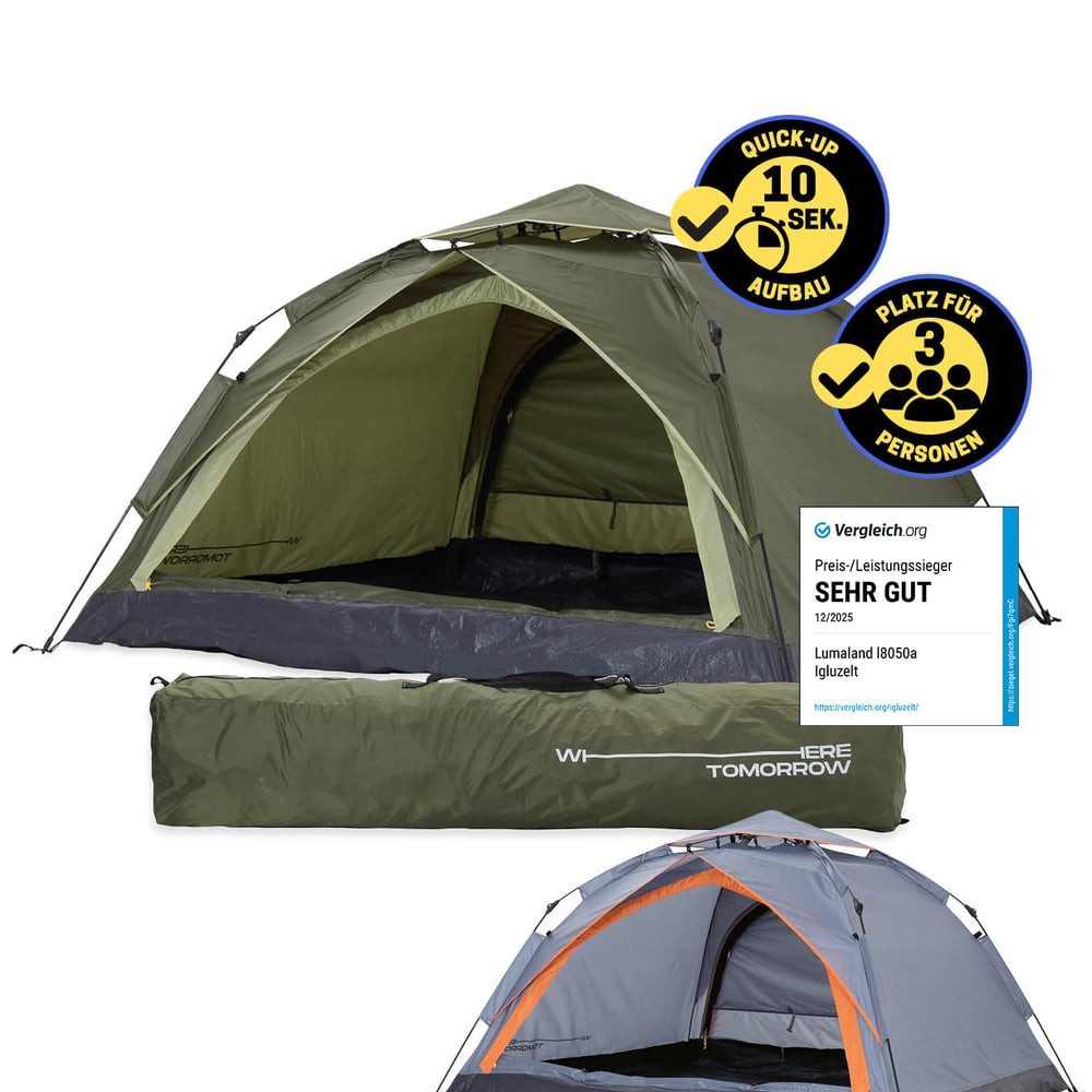 Lumaland Kuppelzelt Pop Up Zelt - 3-Personen-Zelt mit Doppeltür, Wurfzelt Trekkingzelt - 210x190x110 cm - Grün