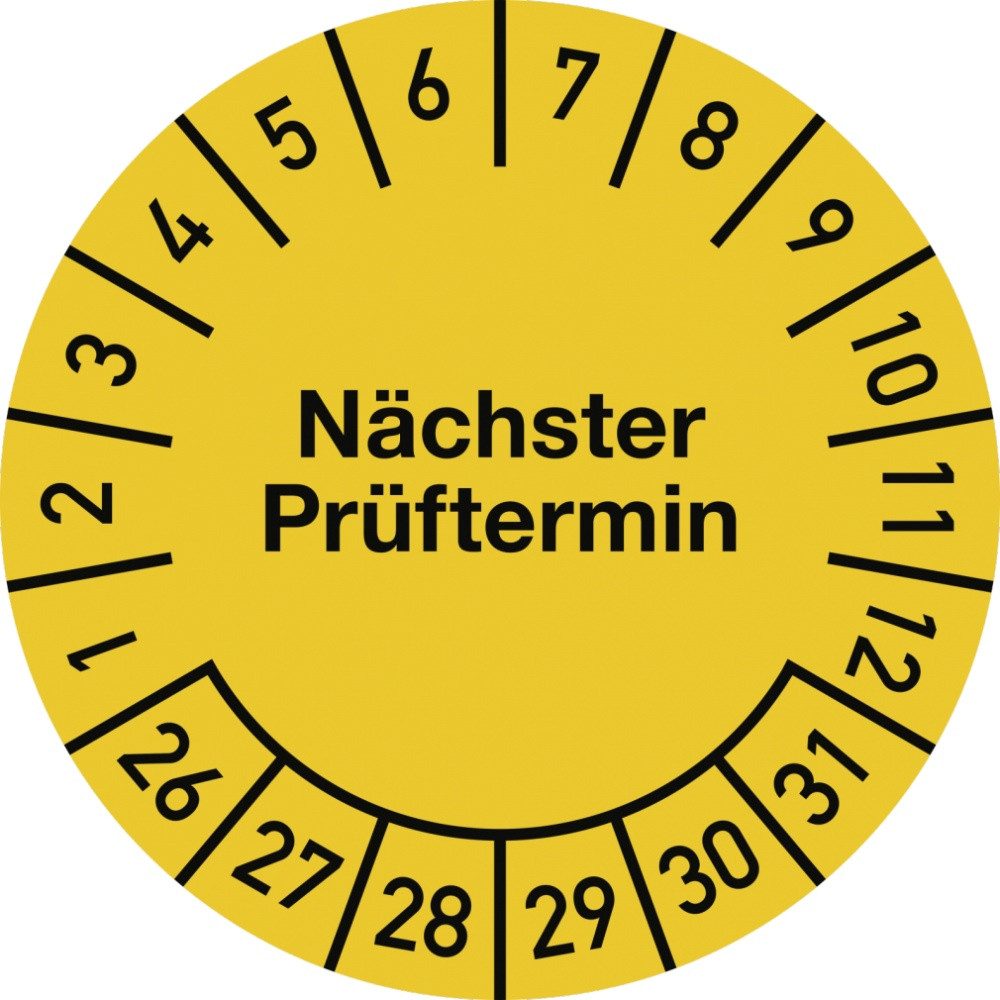 Dreifke Hinweisschild Prüfplakette Nächster Prüftermin 2026-2031, Folie, gelb, Ø 15 mm, 10 S, Aufkleber (Folie)