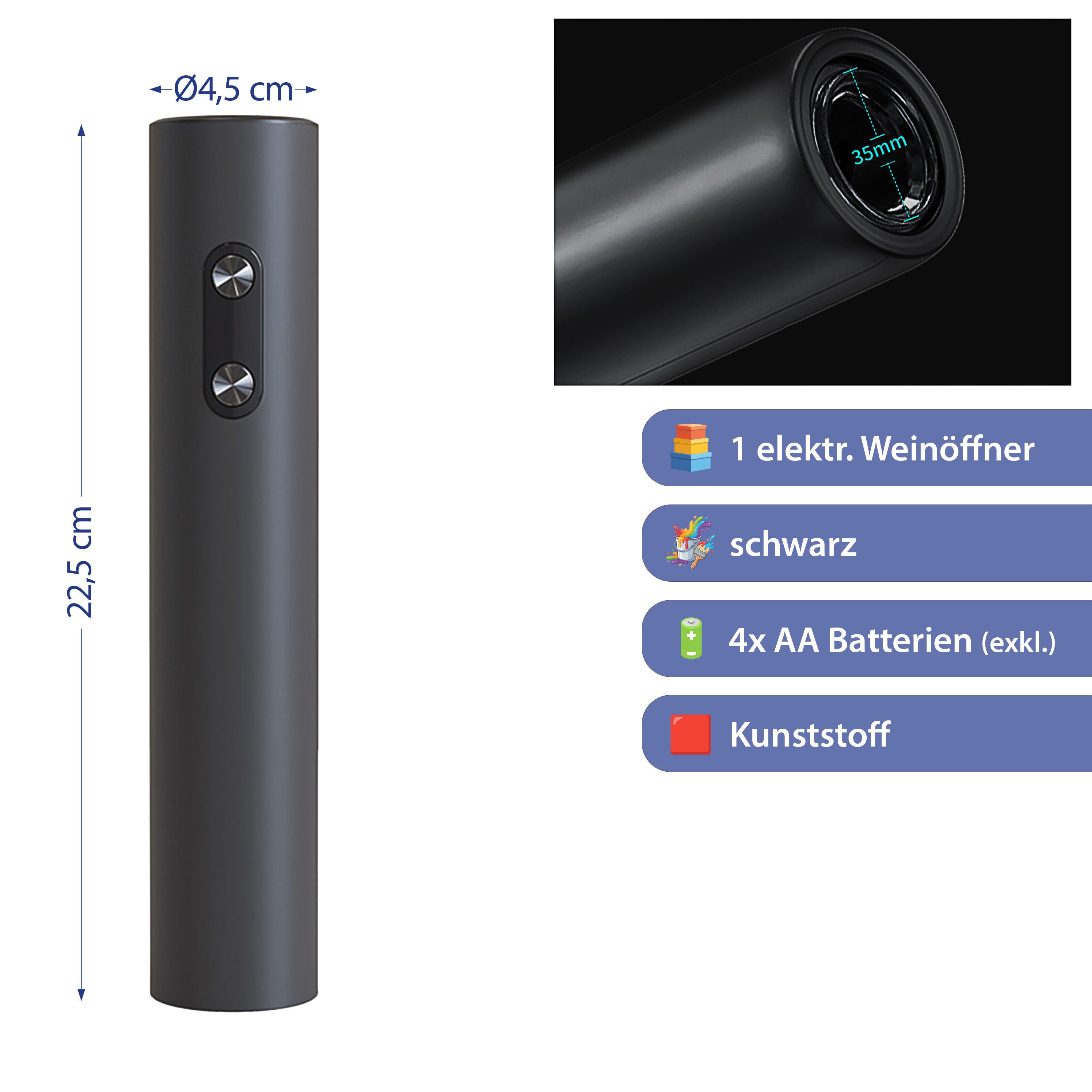 CEPEWA Weinflaschenöffner Elektrischer Weinflaschenöffner Kunststoff schwarz 4,5x22,5cm