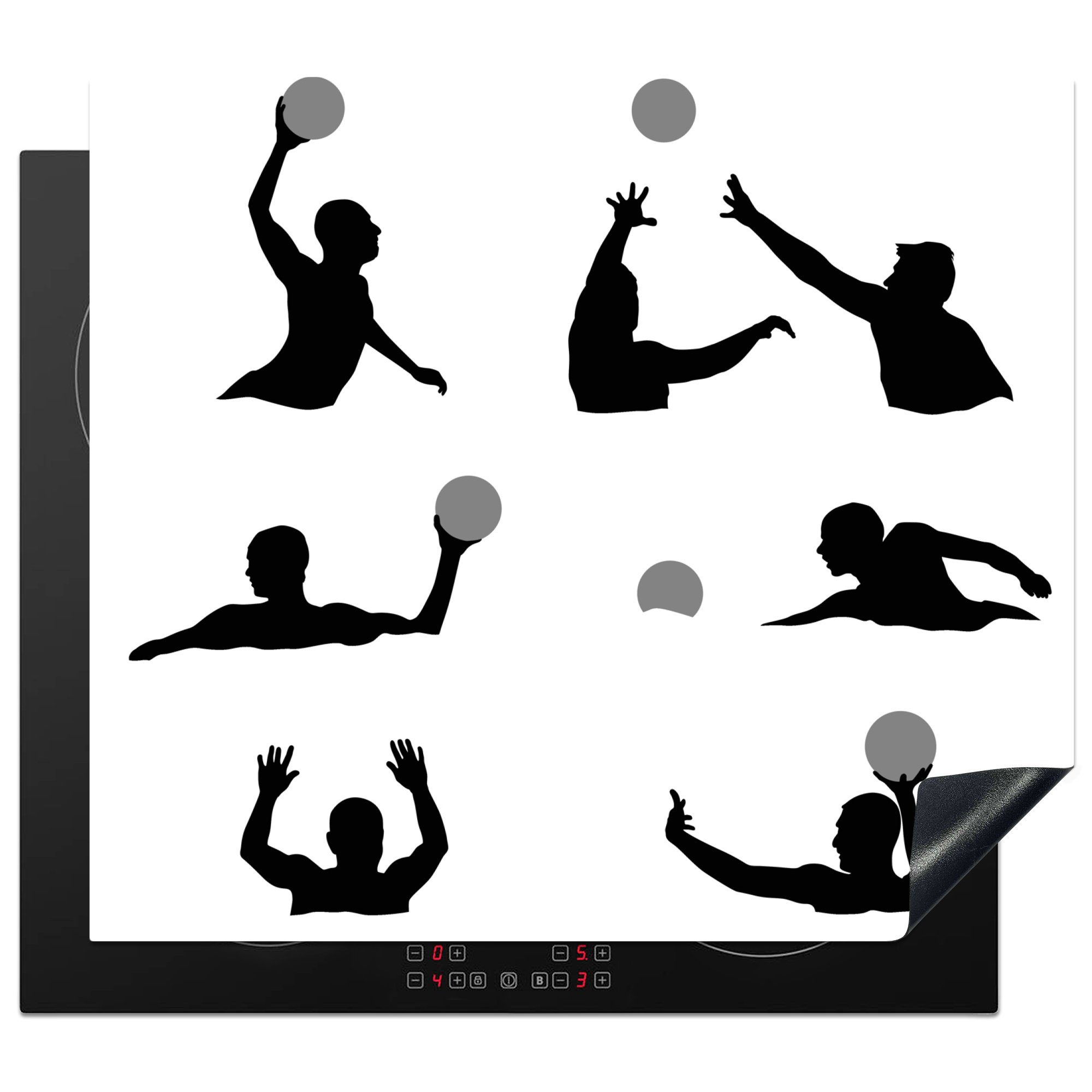 tlg), 60x52 MuchoWow (1 Arbeitsfläche schwarz Herdblende-/Abdeckplatte Mobile Ceranfeldabdeckung und nutzbar, Wasserballspielers Vinyl, - eines Silhouetten-Illustration cm, weiß,