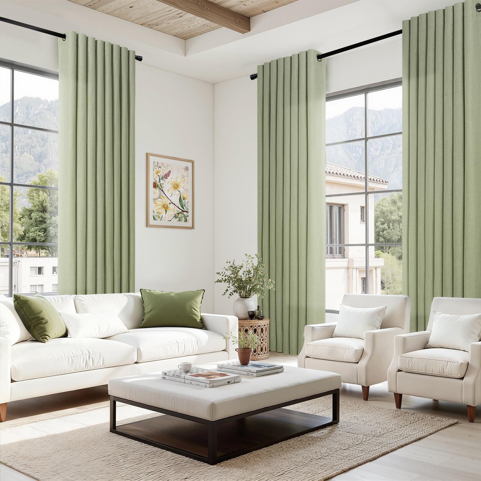 Topfinel Gardine Leinenoptik Gardinen mit Ösen Vorhänge für Wohnzimmer (2 St), Ösen, halbtransparent, vorhang halbtransparent Salbeigrün 140x225 Studie kinderzi – Bild 5 von 5