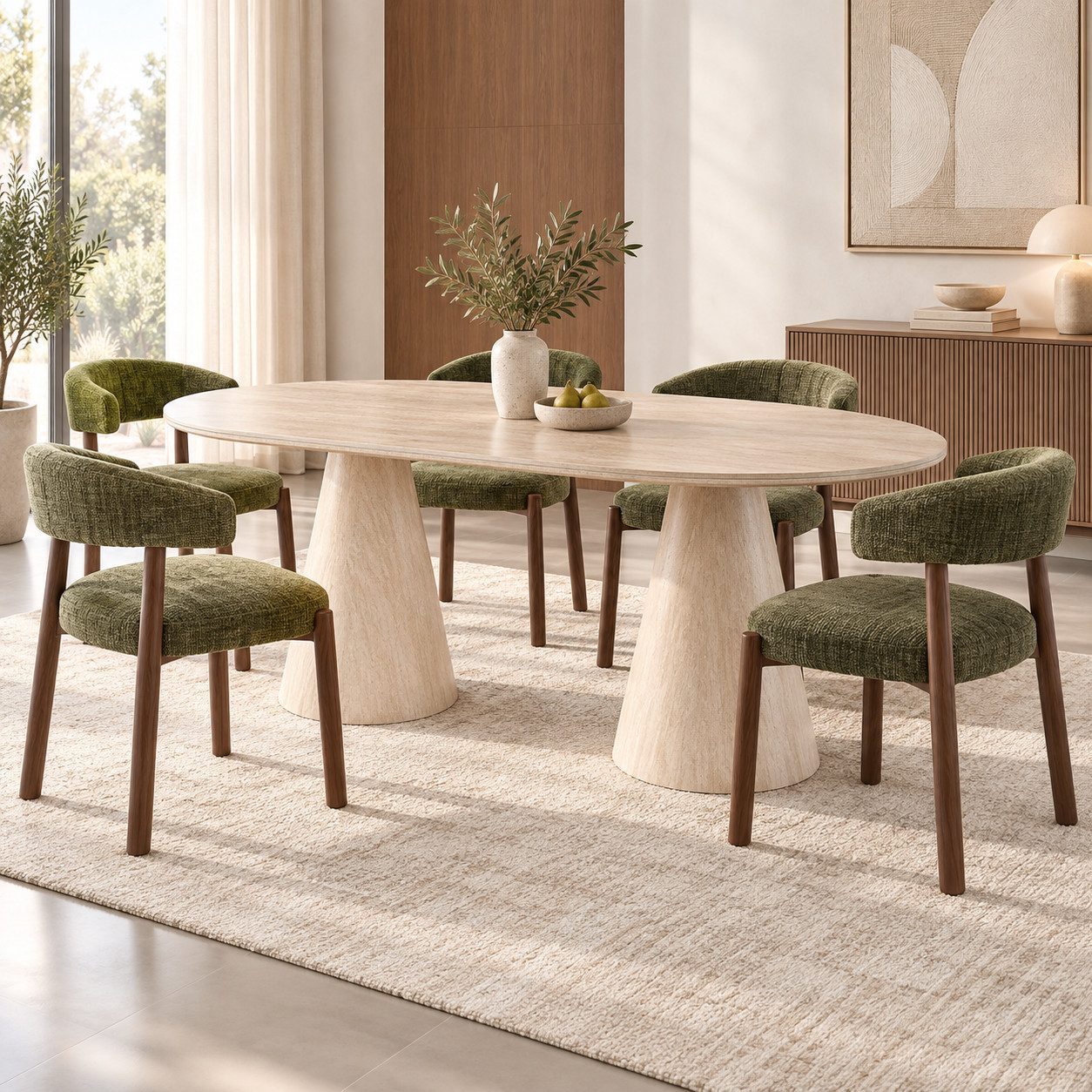 Ertex Essgruppe 7tlg. mit ovalem Keramik-Esstisch Beige 200x100cm & 6x Polsterstühlen