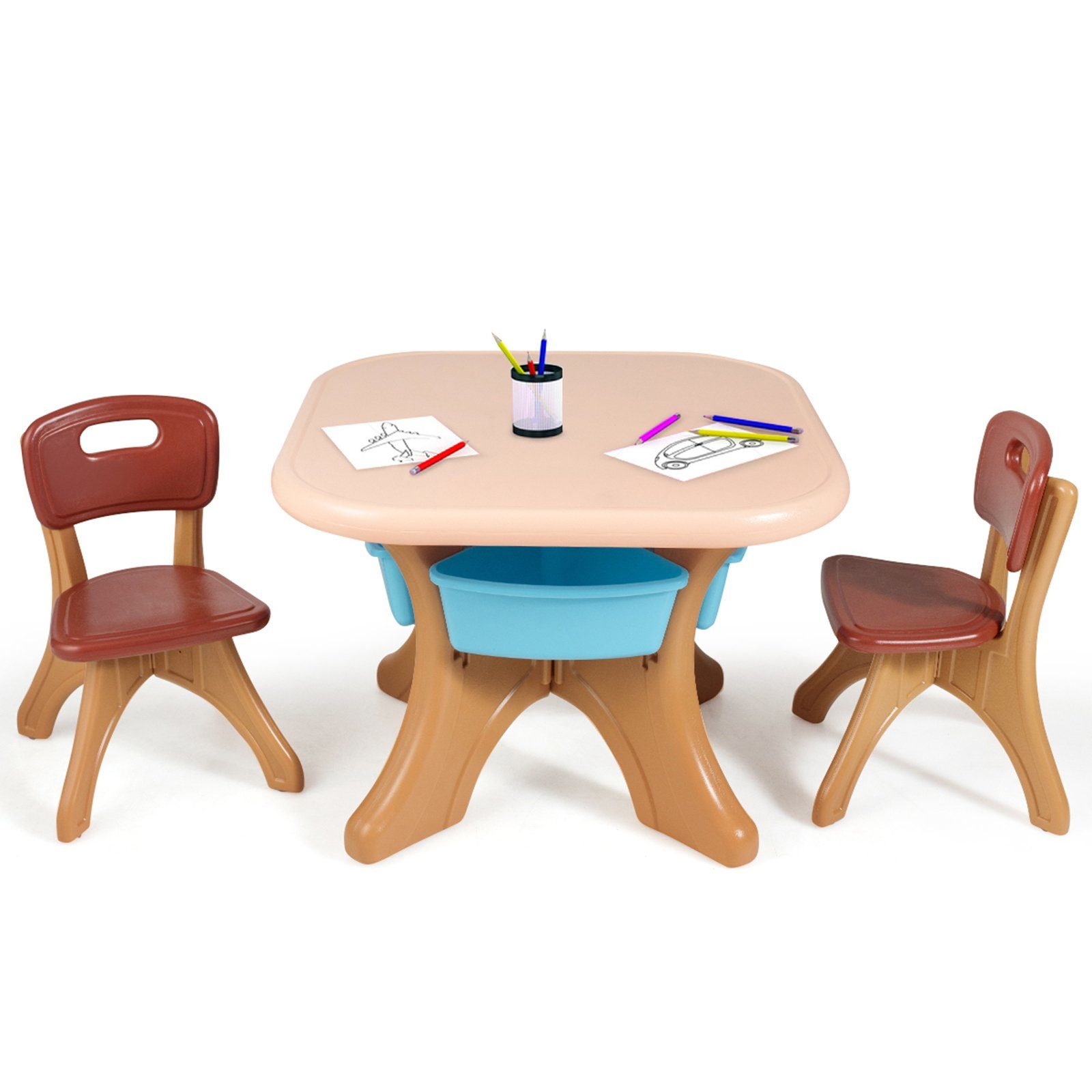 COSTWAY Kindersitzgruppe, mit 2 mit Kunststoff Braun Stauraum, Stühlen&Kindertisch