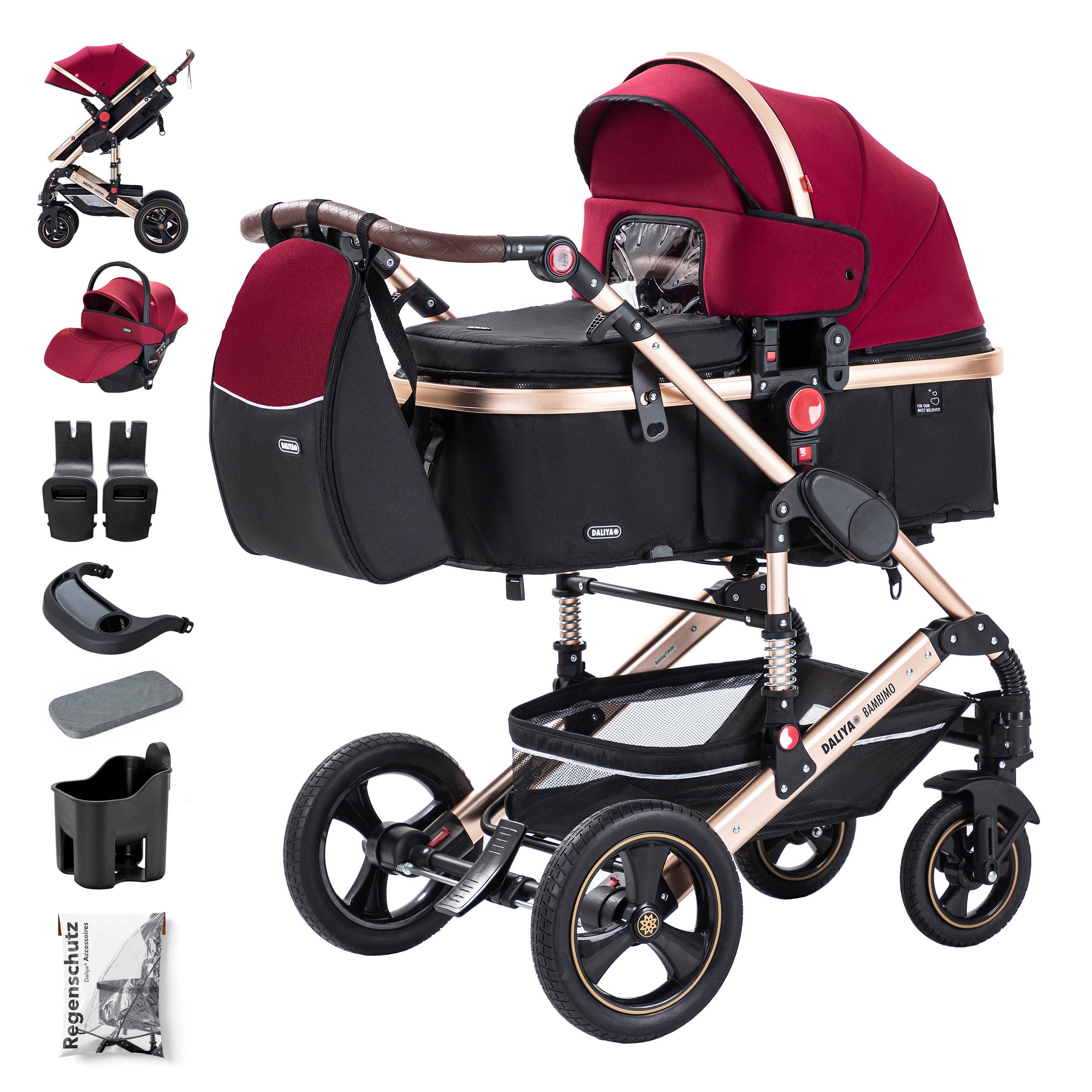 Daliya® Kombi-Kinderwagen BAMBIMO 3in1 Kinderwagen & Buggy mit Auto-Babyschale und Adapter, (XXL-Set inkl. Wickeltasche und Spieltisch, 15-tlg), Babyschale, Airless-Räder, Federung, weiche Matratze, Belüftungssystem