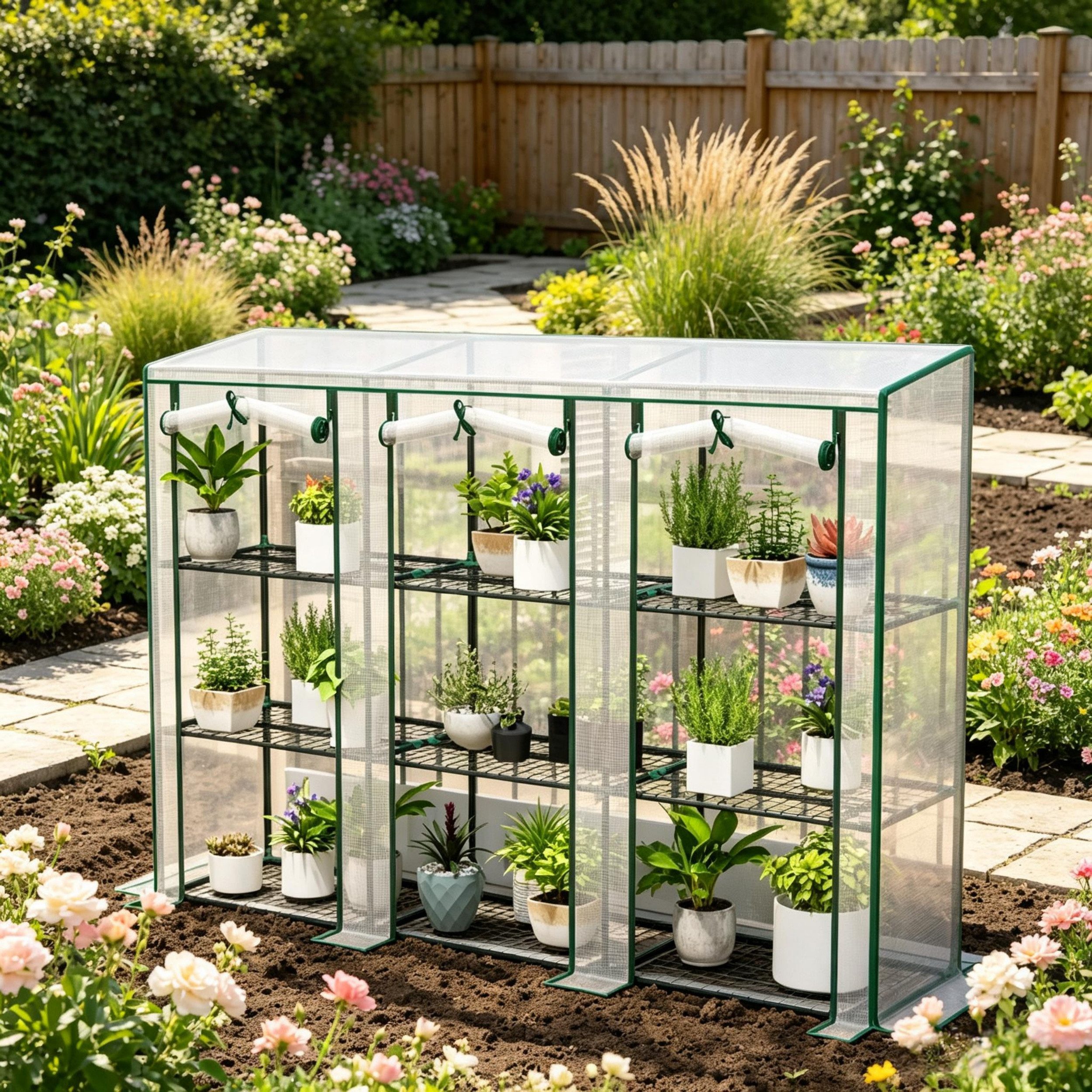 MC Star Gewächshaus Gartengewächshaus mit 3‑stufigen Ablagen, Balkongewächshaus, mit 3 rollbaren Reißverschlusstüren, 215 × 46 × 151 cm