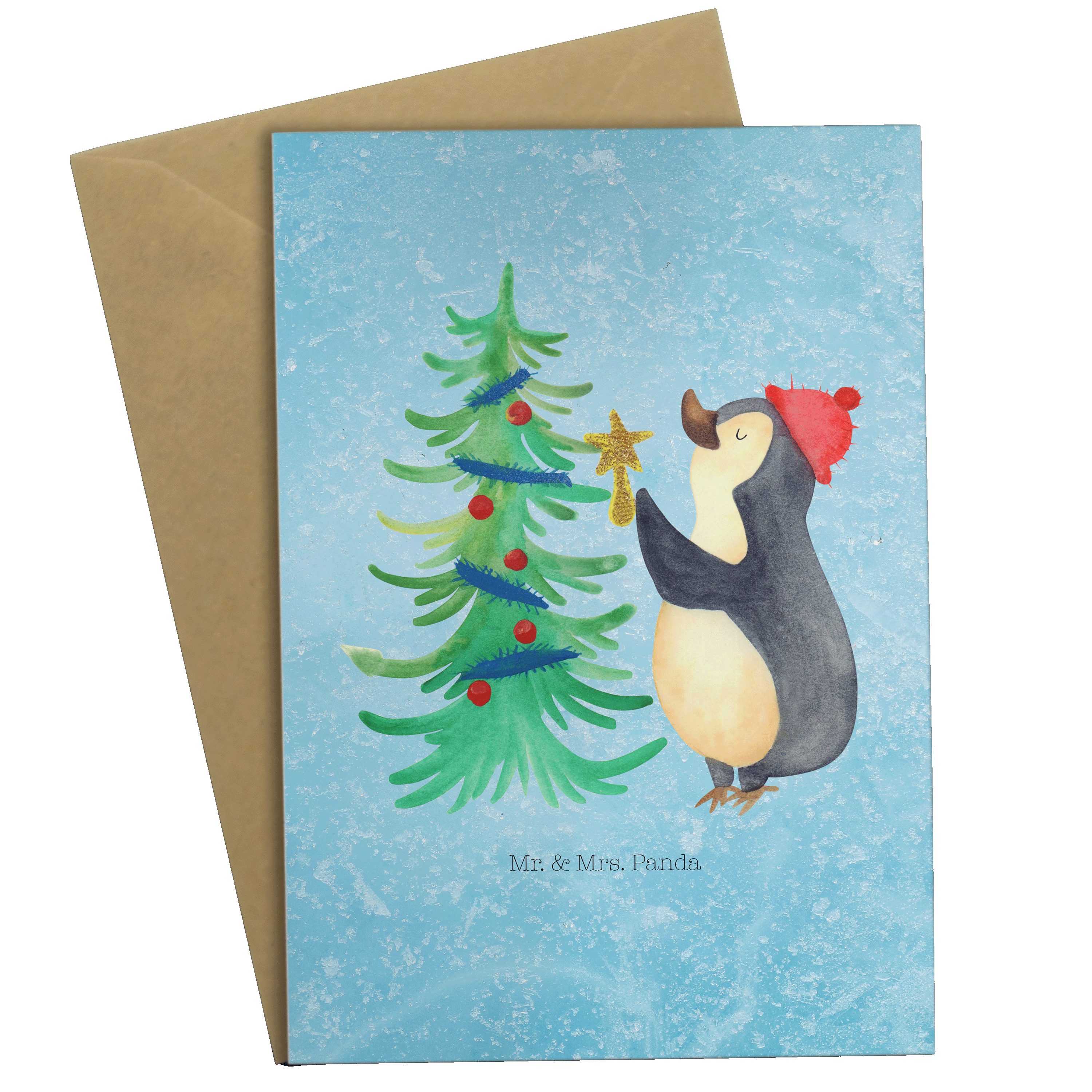 Mr. & Mrs. Panda Grußkarte Pinguin Weihnachtsbaum - Eisblau - Geschenk, Karte, Winter, Advent, K