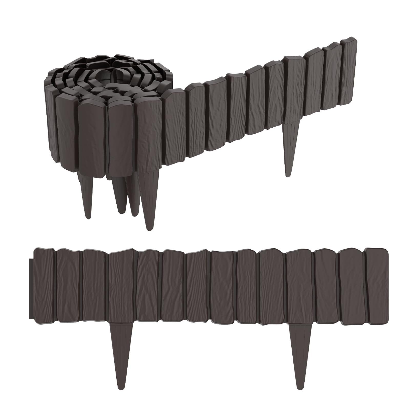 FIVMEN Rasenkante 2,3m/4,6m Rasenkanten Kunststoff Beeteinfassung in Holzimitation, Anthrazit/Braun/Grau, Beetumrandung Mähkante 4/8 stücke Randsteine Palisaden Gartenzaun