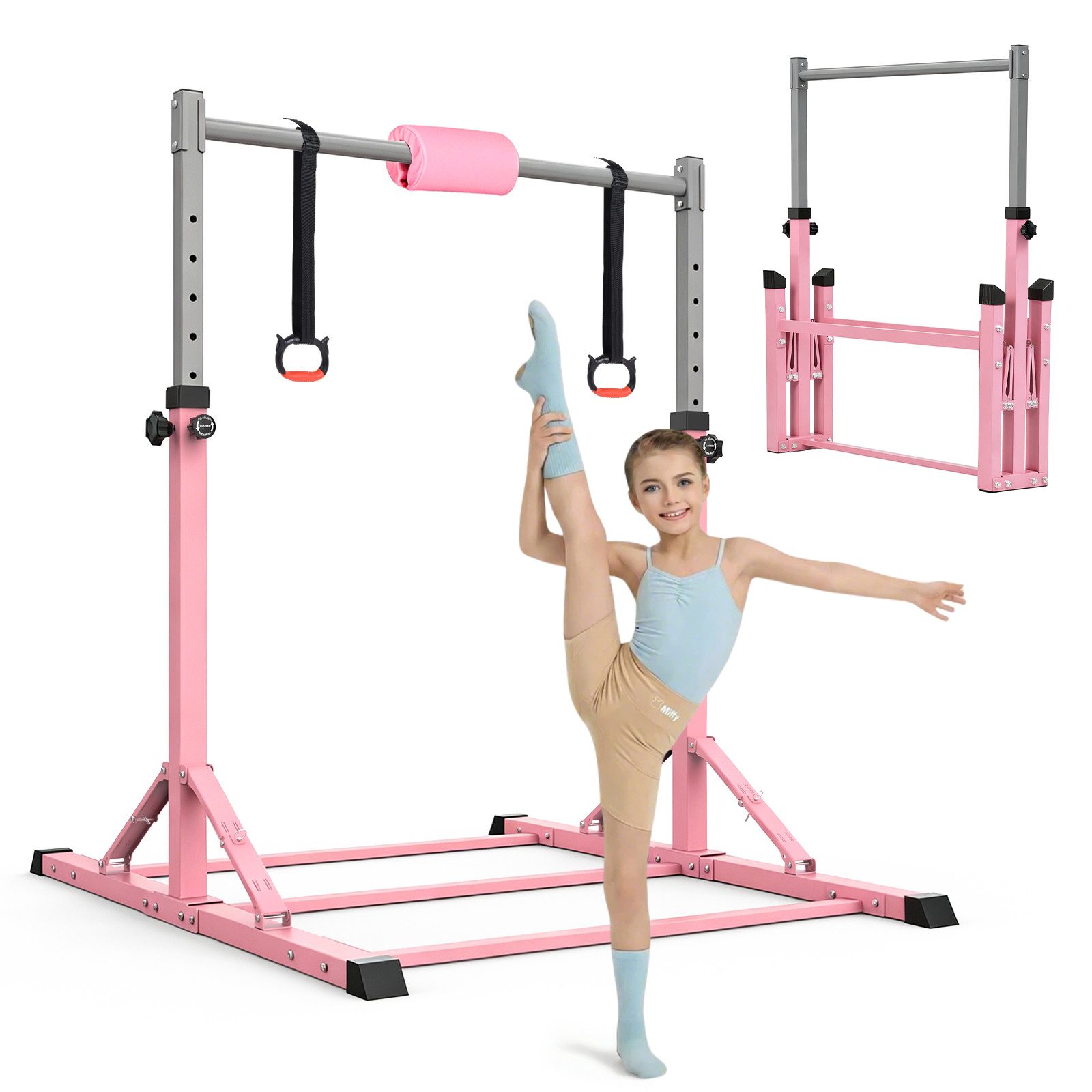 Hausright Turnreck Gymnastikstange Kinder mit Verstellbaren Höhen mit Gymnastikmatte, (Stabilität Turnstange, Reckstange, Matte, Polster & 2 Ringen), 10-Fach höhenverstellbar Indoor & Outdoor Faltbare Kinderturngerät