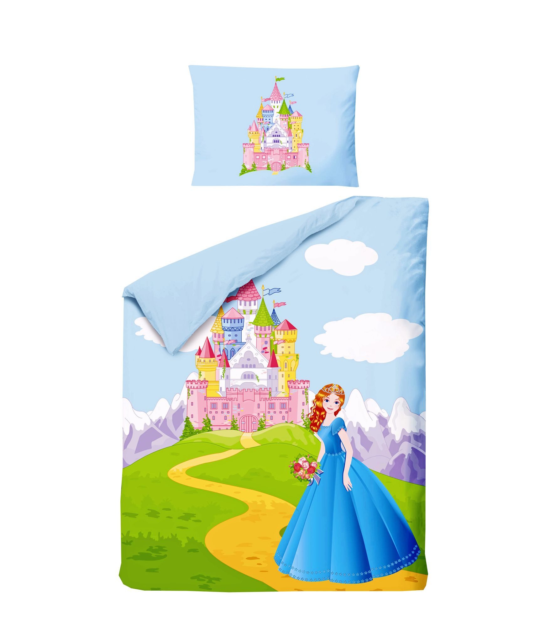 JACK Babybettwäsche 100x135cm Prinzessin Schloss Berge, Renforcé, 2 teilig, märchenhafte Babybettwäsche, Schloss in den Bergen mit Reißverschluss