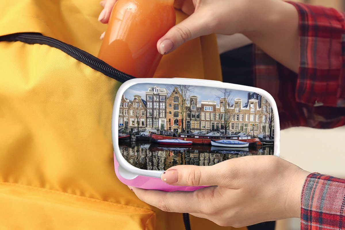 MuchoWow Lunchbox Ein rotes Brotbox Kunststoff Mädchen, der (2-tlg), für Brotdose Amsterdam, Kinder, rosa Hausboot von Gracht Snackbox, in Kunststoff, Erwachsene