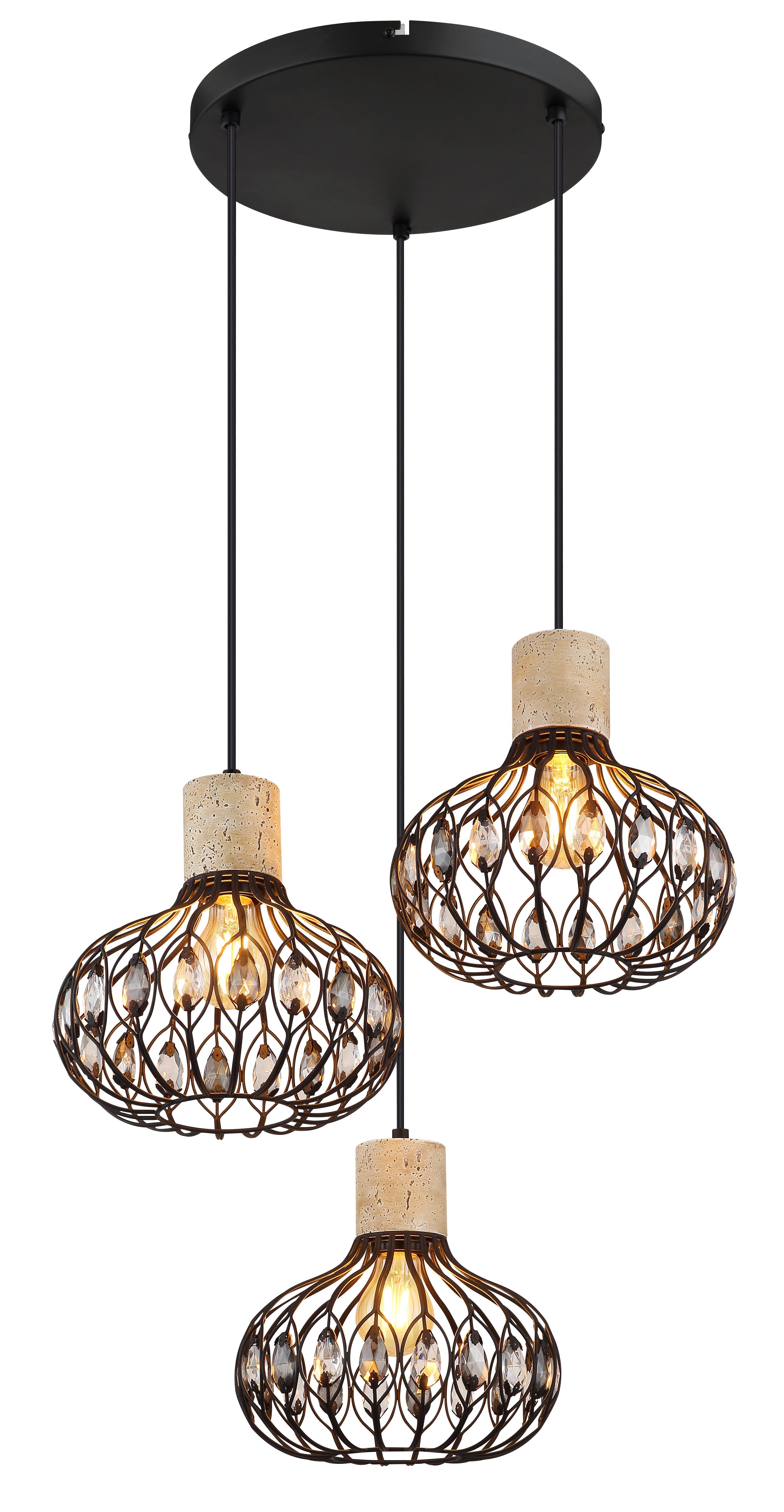 GLOBO LIGHTING Hängeleuchte DORTHY, Leuchtmittel wechselbar, Schwarze Hängeleuchte mit Travertine Stein und Kristallen, E27 3x40W