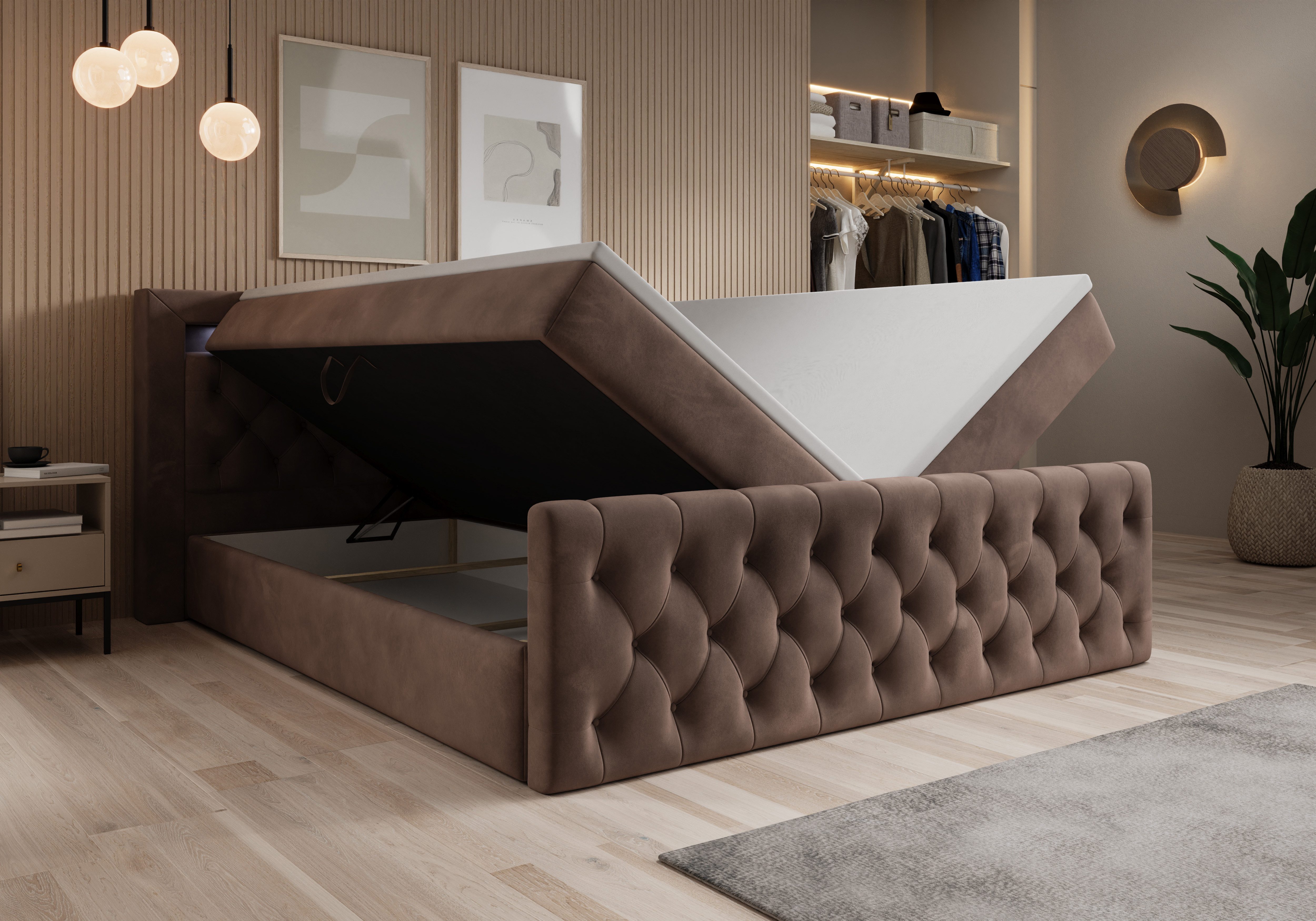 thematys Boxbett LED mit Bettkasten 140x200–200x200 cm – Velours oder Bouclé Bezug – (Polsterbett Bonnellfederkern Matratze H3 + Gratis 3cm Topper, Boxbett - Lu – Bild 2 von 5