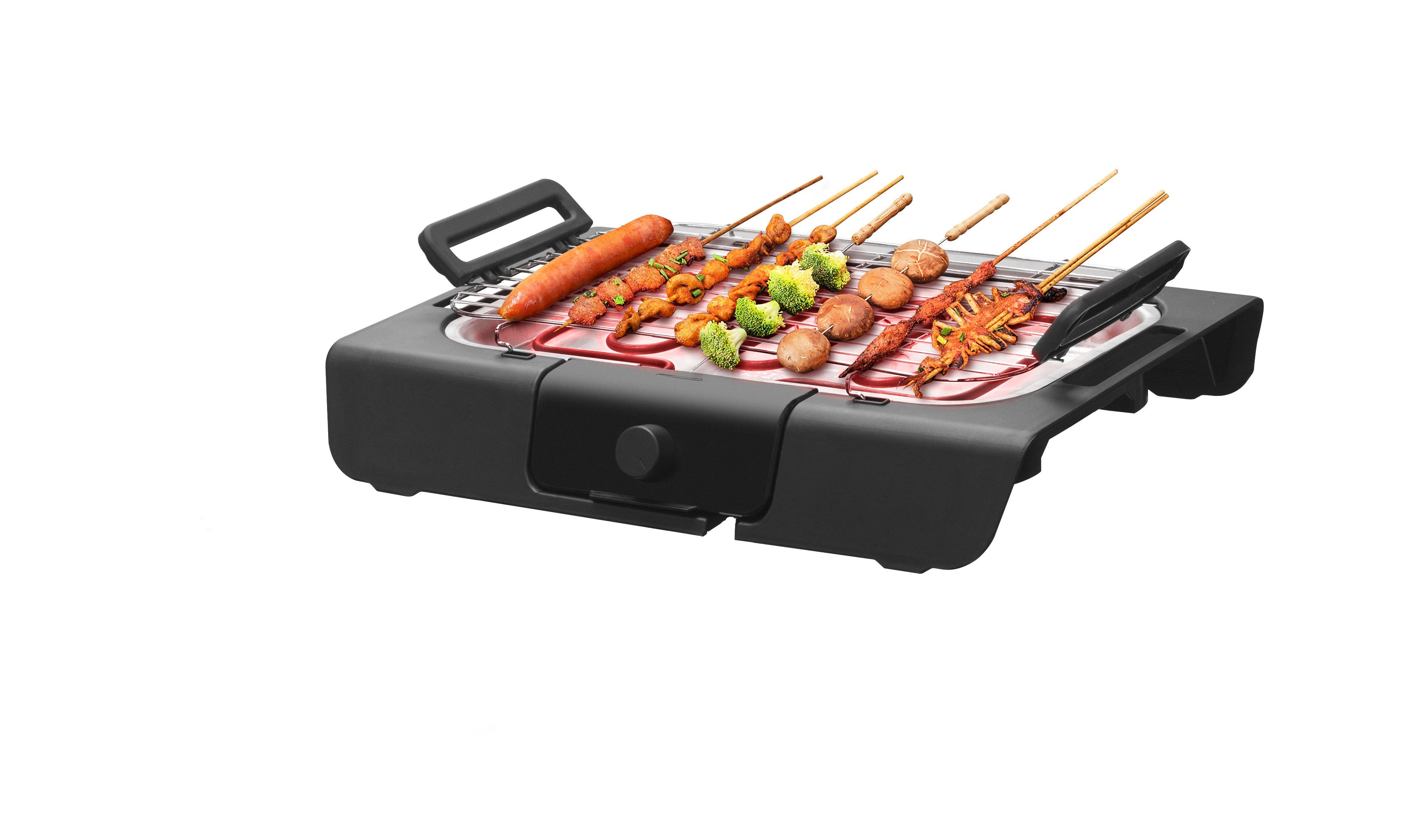 SLABO Tischgrill elektrischer Tischgrill BBQ Grill Balkongrill Partygrill Elektrogrill E-Grill, regelbare Heizstufen mit Thermostat, elektrisch 2000 Watt, inkl. Grillrost & Metall-Auffangschalen - SCHWARZ