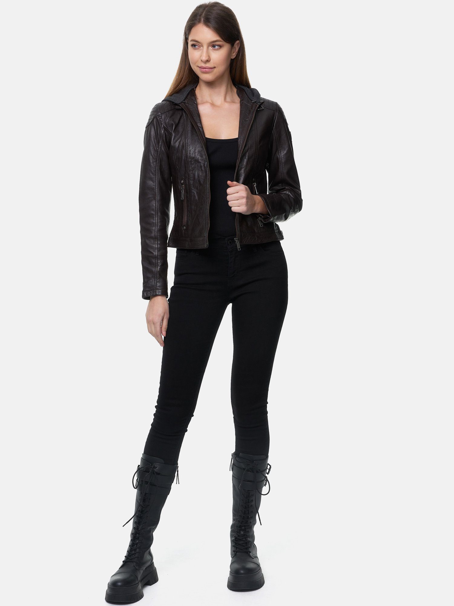 Tazzio Lederjacke F503 Damen Leder Jacke im Biker Look mit abnehmbarer Kapu günstig online kaufen