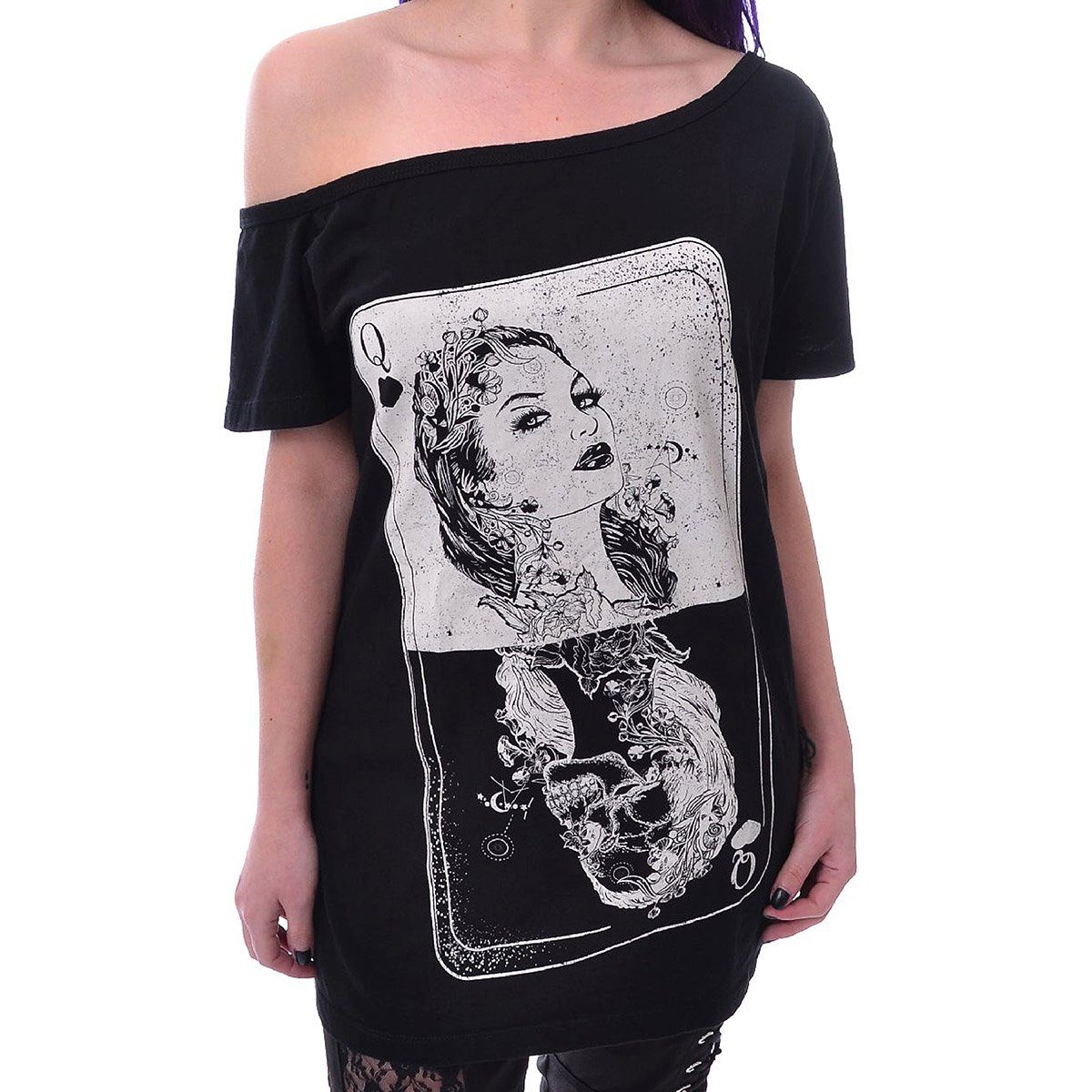 Heartless One-Shoulder-Top Tarot Karte Oberteil Gothic Okkult Skull Shirt günstig online kaufen