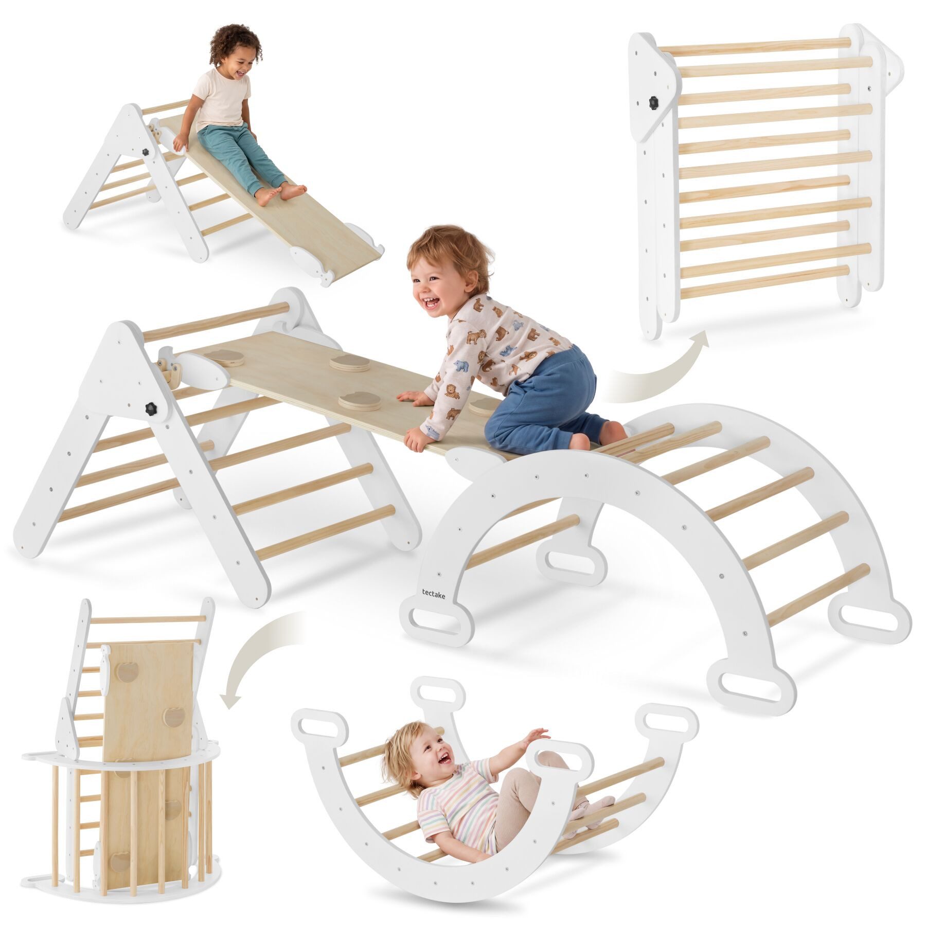 tectake Klettergerüst Montessori kletterspielgerät aus Holz, indoor, ab 1 Jahr, (Kletterdreieck Monti, in Hellgrau), 8in1 mit Kletterdreieck, Kletterbogen und Rutsche