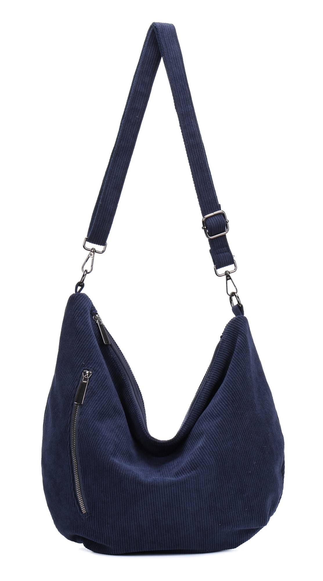 ITALYSHOP24 Schultertasche Damen Halbmond Tasche aus Cord CrossOver Body Bag Umhängetasche, Runde Cordtasche Asymmetrisches MOON Brust Slingtasche Wildlederoptik