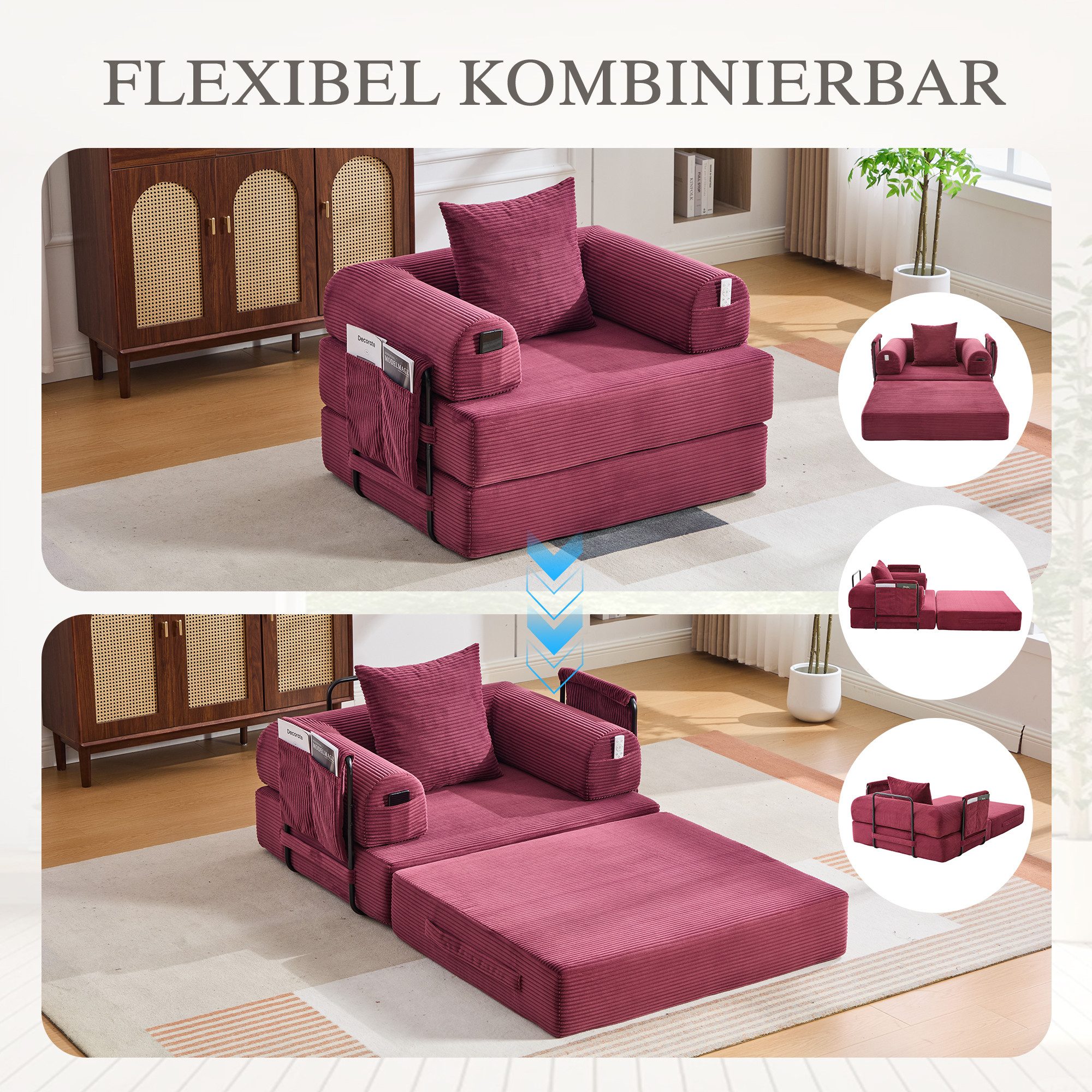 Odikalo Loungesofa Relaxsofa Armlehnensofa mit Schlaffunktion & Metallrahmen, Cord, Cord-Kompressionssessel – ergonomisches Design + dicke Polsterung für langanhaltenden Komfort. Inkl. Seitentasche & Kissen, frei kombinierbar.