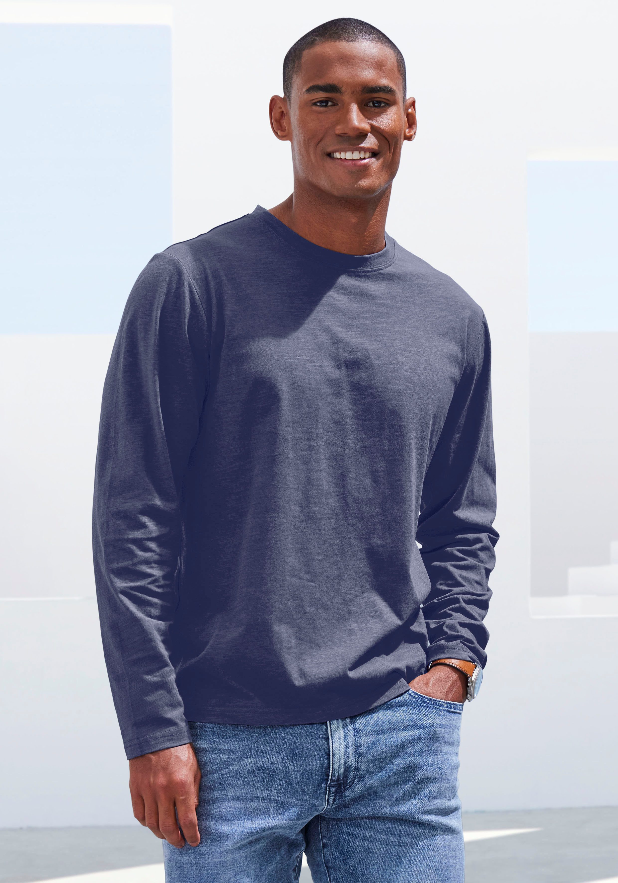 John Devin Langarmshirt mit Slub-Garn Struktur (2er-Pack) Longsleeve aus leichter, strukturierter Baumwollqualität