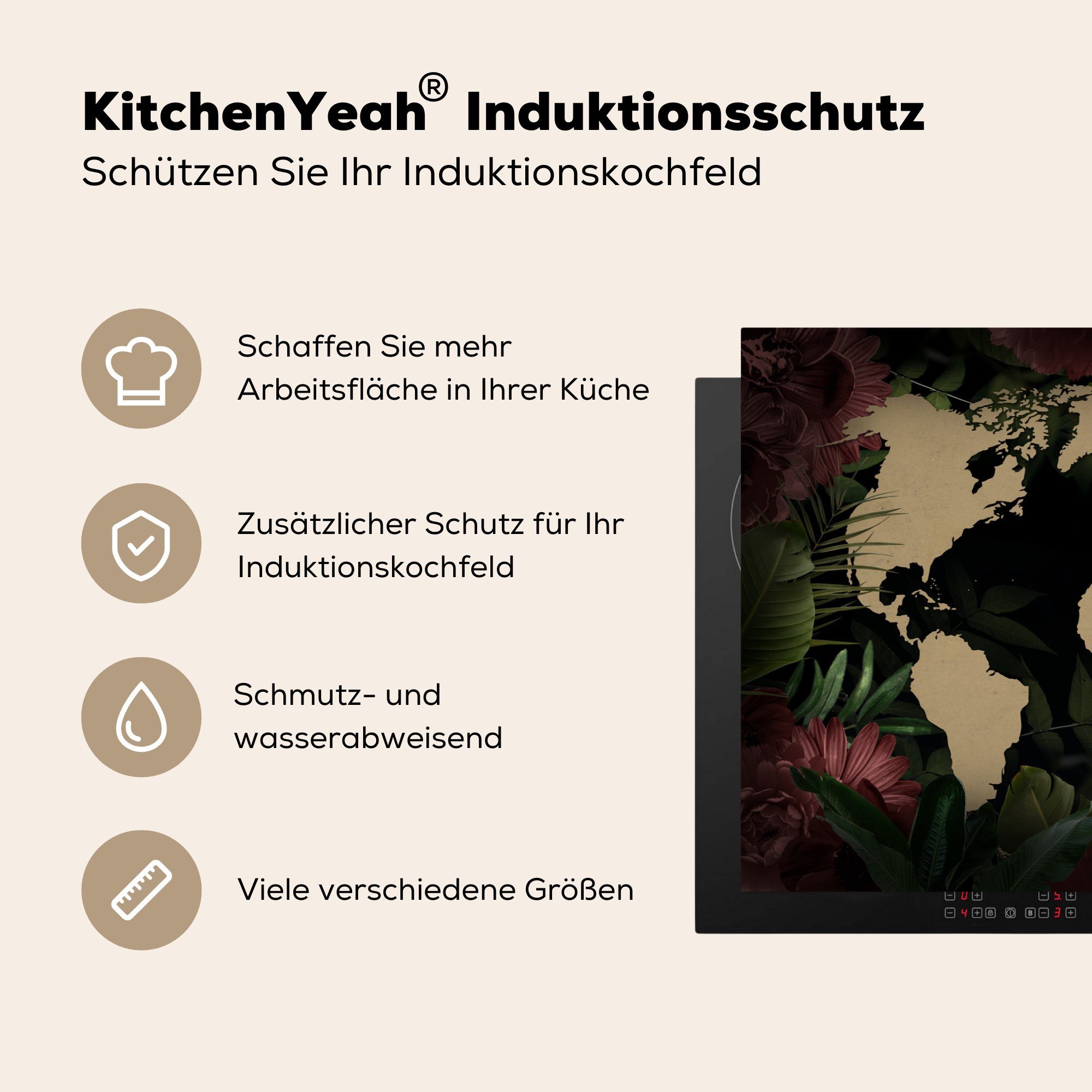 MuchoWow Herdblende-/Abdeckplatte (1 Braun Tropische Pflanzen, - - Weltkarte für Induktionskochfeld Schutz Vinyl, cm, 81x52 die Ceranfeldabdeckung tlg), küche