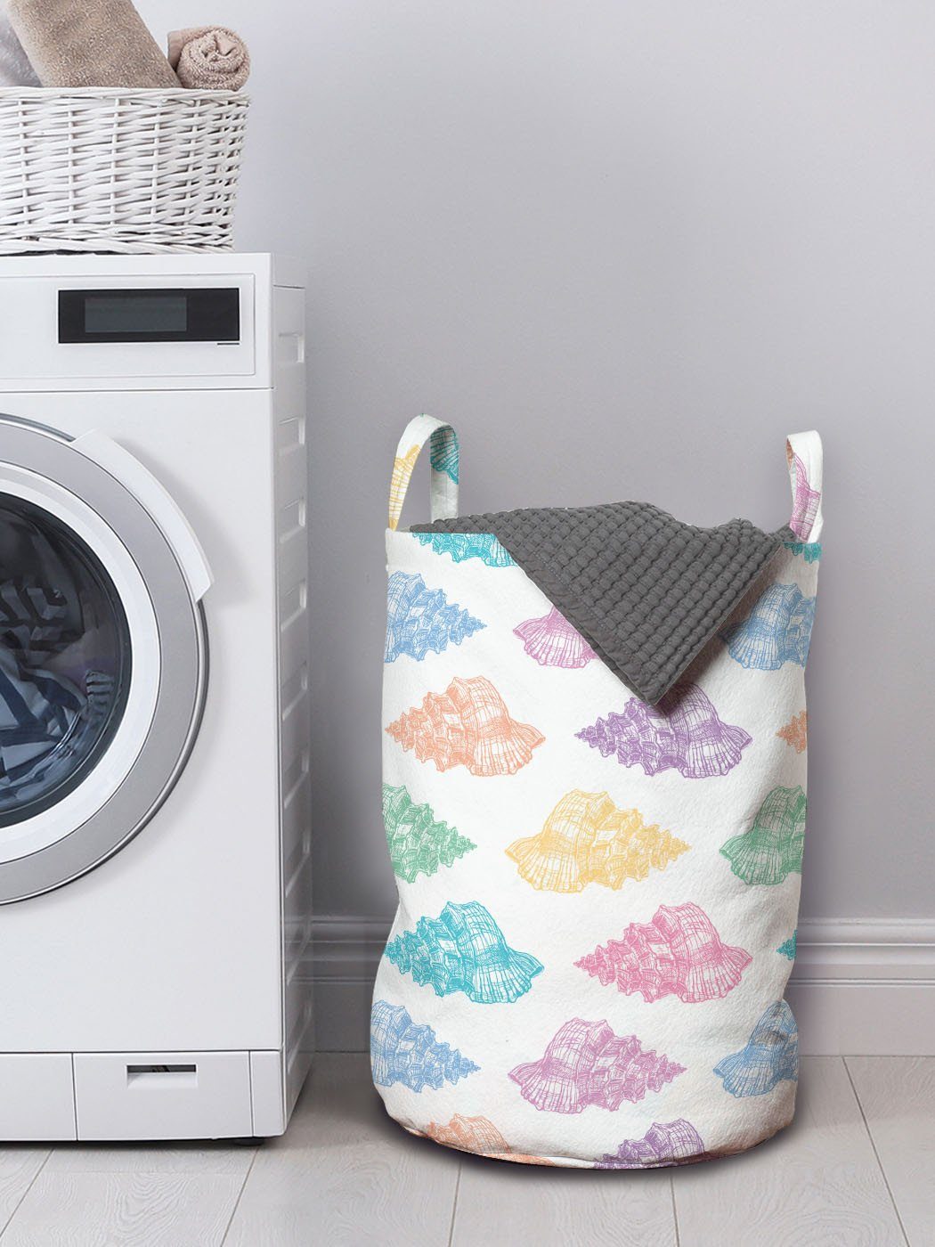 Abakuhaus Wäschesäckchen Wäschekorb Nautisch Motiv gezeichnet Waschsalons, Kordelzugverschluss mit Seashells Hand Griffen für