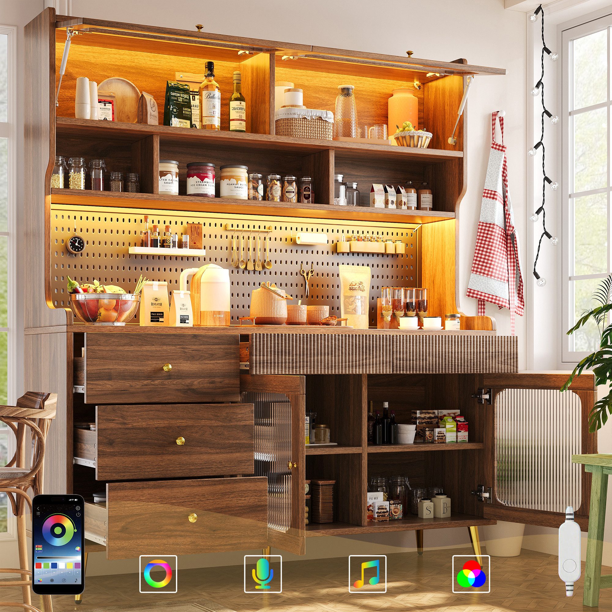 Odikalo Küchenbuffet Küchenschrank Buffetschrank mit LED (mit LED-Beleuchtung & App, Schmaler Hochschrank für Küche & Wohnzimmer, Stilsicherer Aufbewahrungsschr – Bild 2 von 5