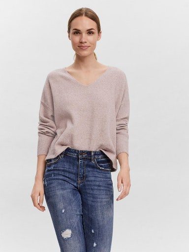 Vero Moda V-Ausschnitt-Pullover VMDOFFY LS V-NECK BLOUSE GA NOOS woodrose melange