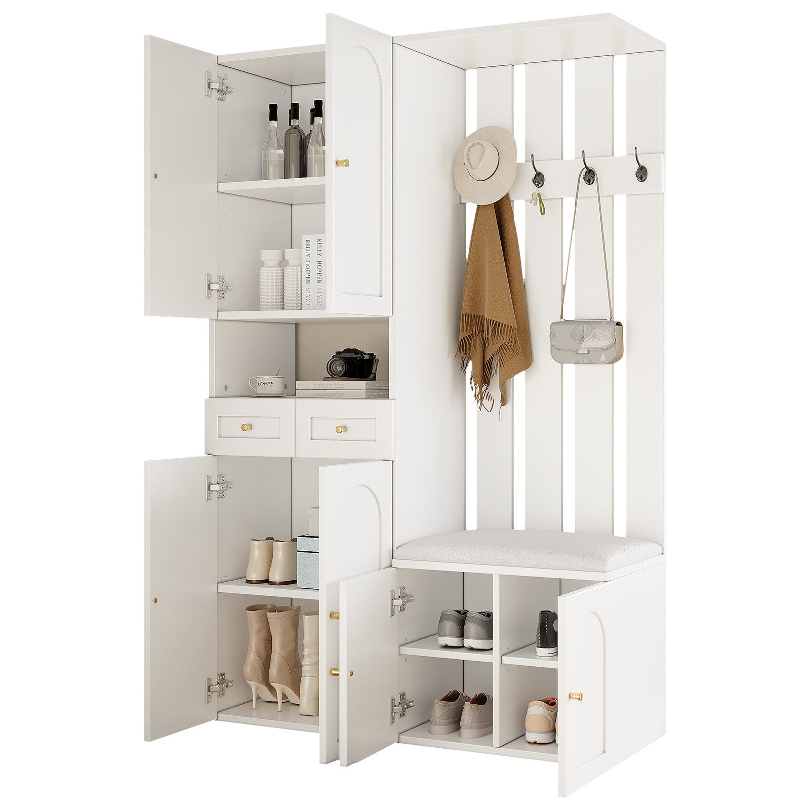 Refined Living Garderoben-Set Garderoben-Set mit Sitzbank, 6 Türen & 2 Schubladen, Weiß, (B110×T37×H180 cm, Flurgarderobe, Schuhschrank mit Sitzbank, 6 Türen, 2 Schubladen, 4 Haken, 1-St., viel Stauraum, All-in-One Möbel, modern, Weiß, stabil), mit Kippsicherung, für Flur, Garderobenbereich, kleine Wohnungen