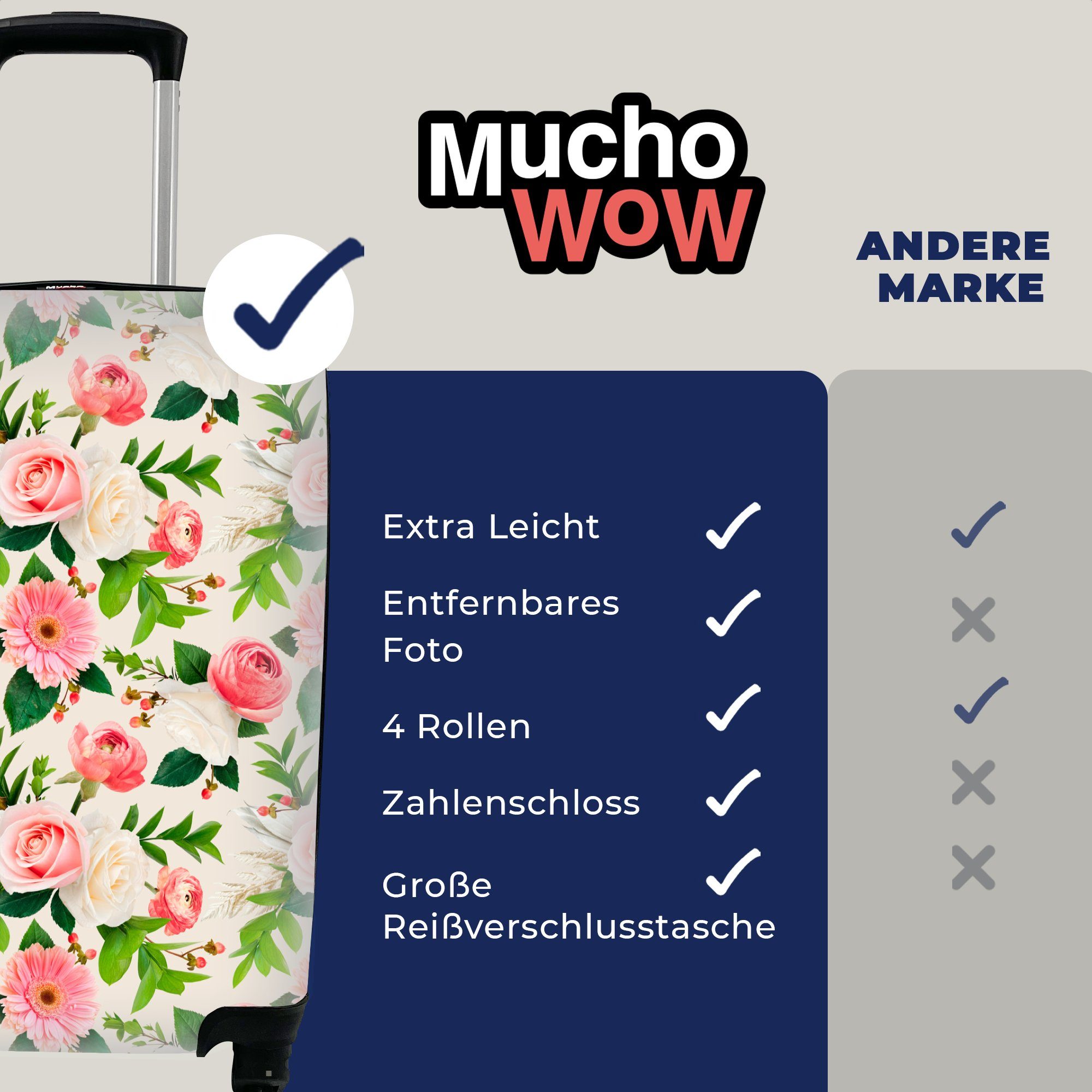 Rosa, Handgepäckkoffer 4 mit Rosen - Ferien, Rollen, Handgepäck Reisetasche rollen, MuchoWow - Reisekoffer für Blumen Trolley,