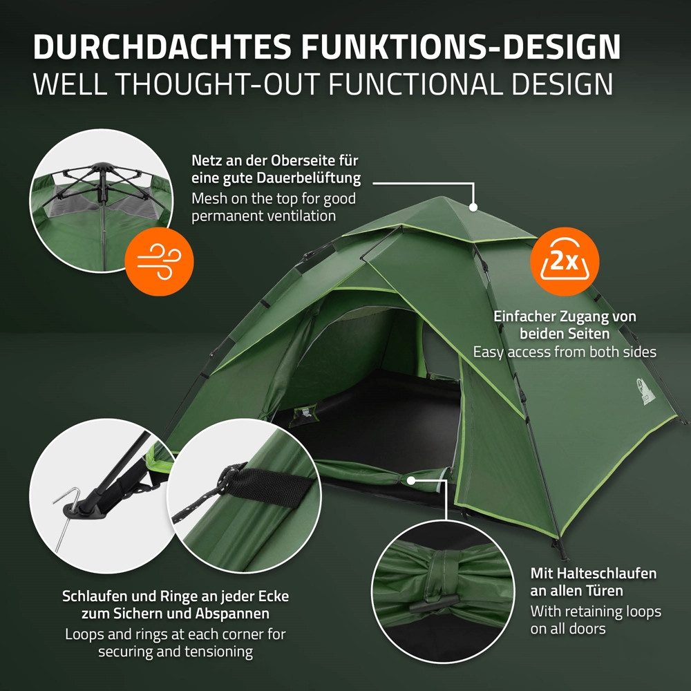ECD Germany Kuppelzelt Pop-Up Zelt für 3-4 Personen Campingzelt Outdoor 2 Türen Familienzelt, Personen: 4, Wurfzelt leicht doppelwandig wasserdicht & winddicht mit Tragetasche