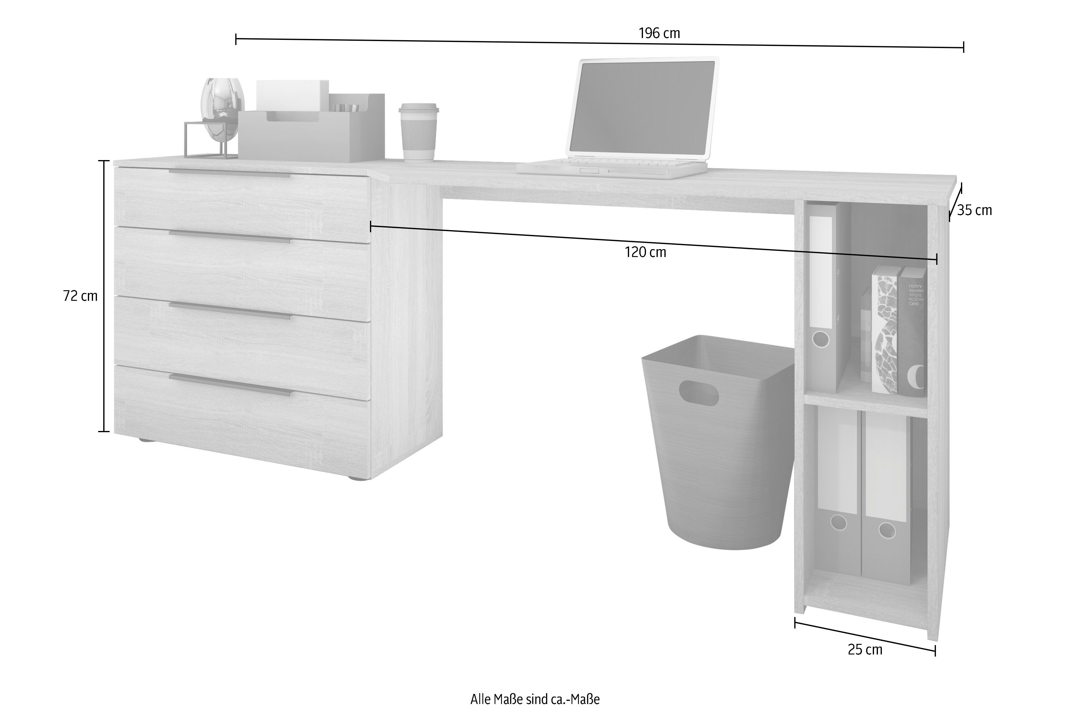 borchardt Möbel Schreibtisch Tom, mit | 196 cm Sonoma Stauraum, Sonoma Eiche Sonoma Eiche Breite | Eiche