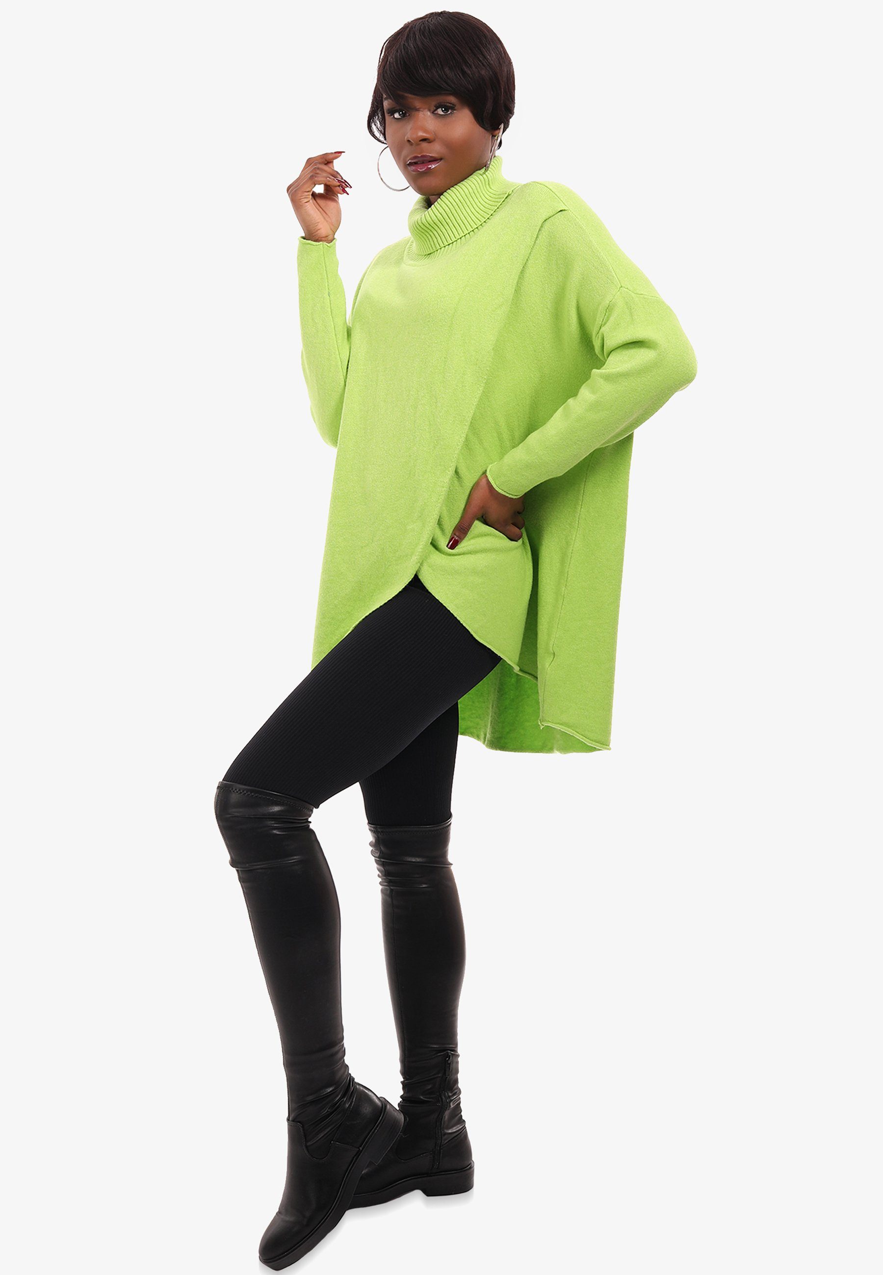 YC Fashion & Style Longpullover Strickpullover in Wickeloptik mit Rollkragen in Unifarbe limegreen