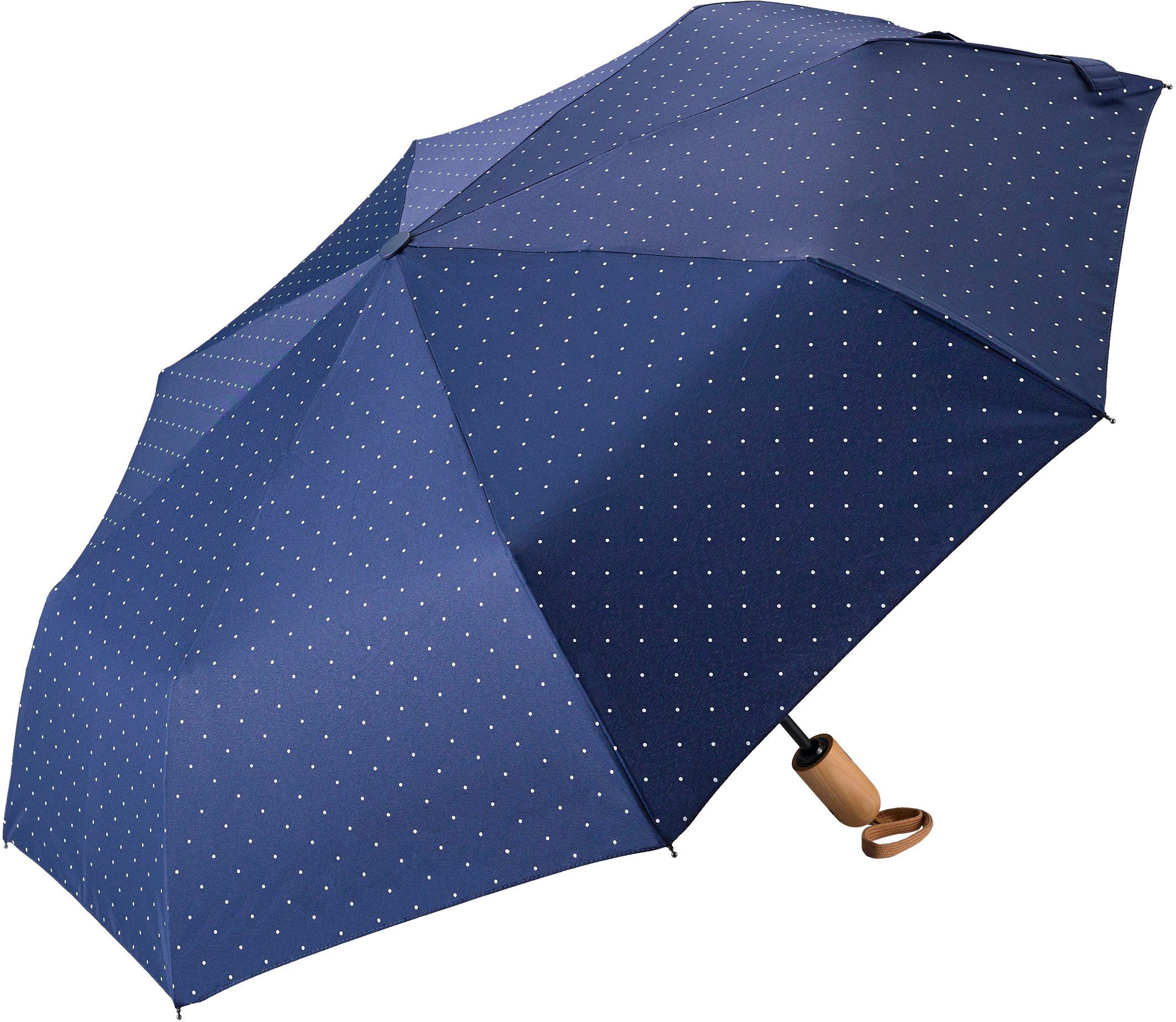 EuroSCHIRM® Taschenregenschirm Taschenschirm 32P7, Punkte weiß, marineblau, Punkte weiß, kompakte Größe, Automatik, Buche Holzgriff