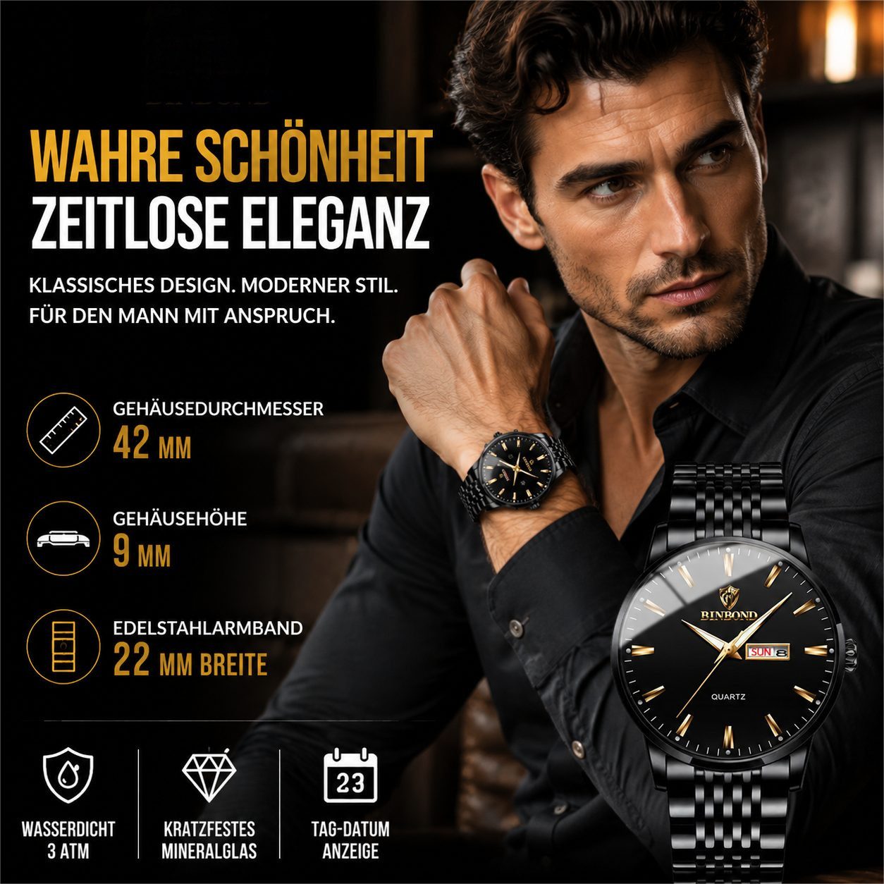 Toomoke Quarzuhr Herrenuhr mit Edelstahlarmband, 42 mm mit Datum, (Leuchtindizes, Mineralglas, 5 ATM, Butterfly-Faltschließe, inkl), Bandkürzer & Uhrenbox, Datumsanzeige, Leuchtindizes, Edelstahlarmband