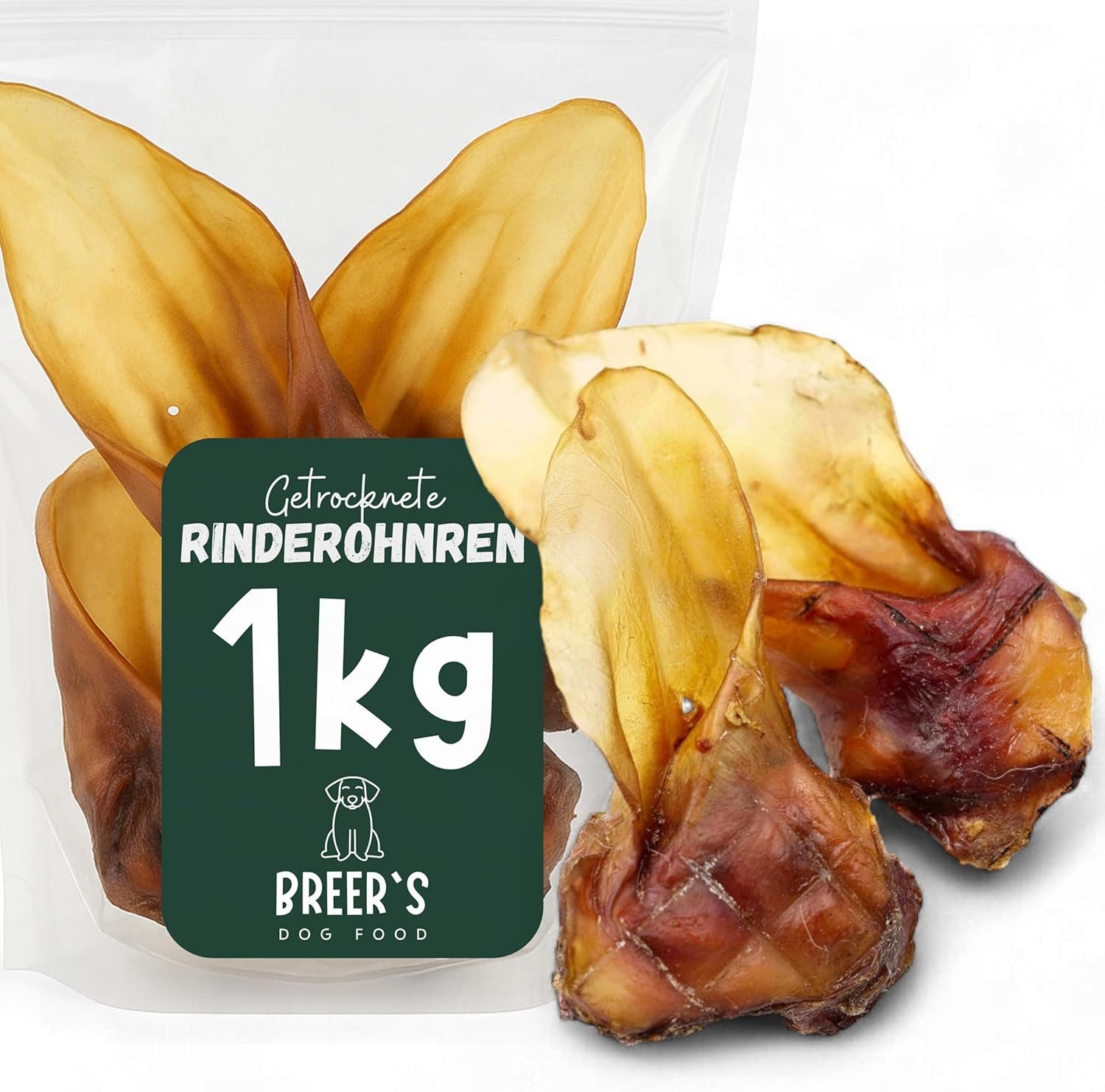 Breers Pet Food Rinderohren getrocknet mit Muschel für Hunde 1 kg Kausnack Hundeleckerlie, Harter Kauartikel, Leckerli getreidefrei, Hundesnack zuckerfrei