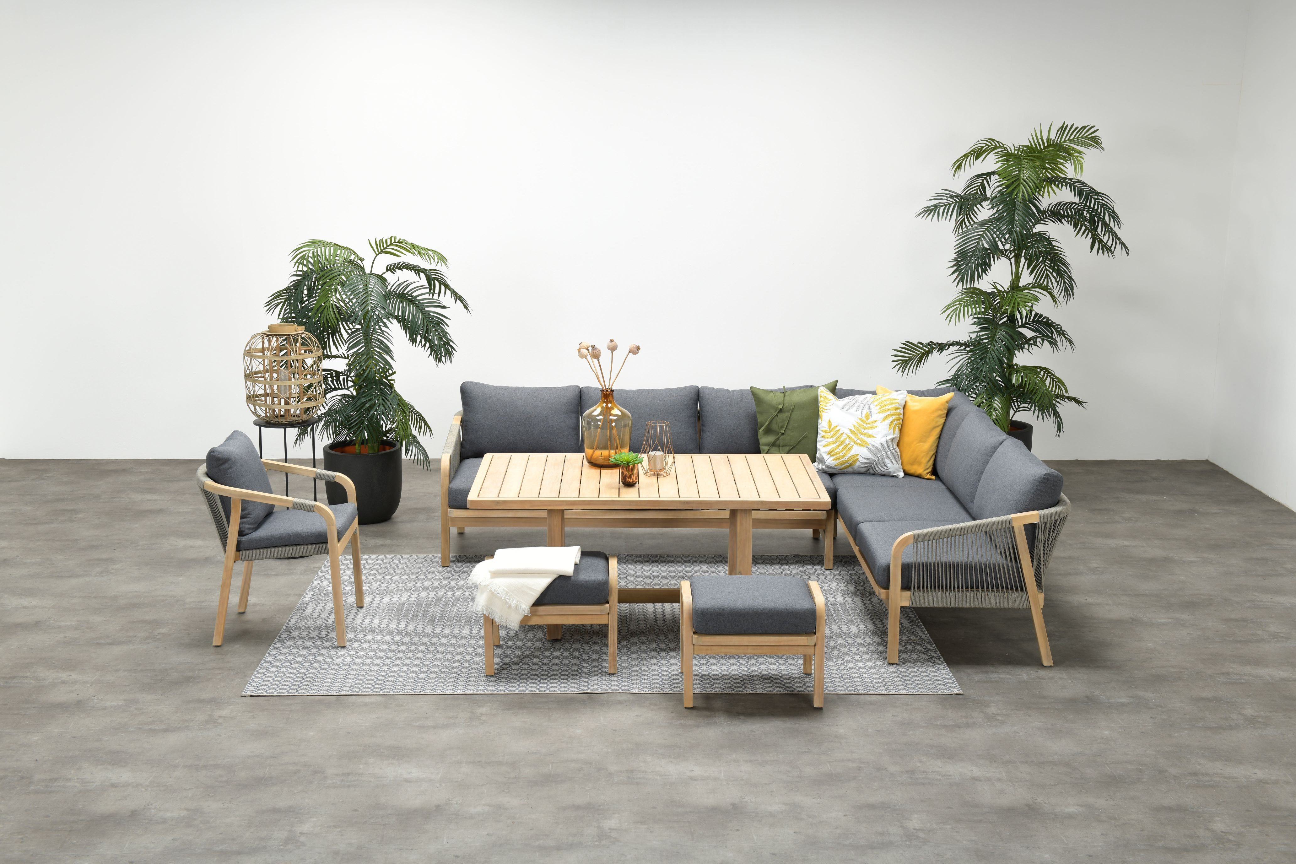 Garden Impressions Gartenlounge-Set "Santos rechts", Holz Gartenmöbelset, (Set, Akazie, Ecklounge, Esstisch, Sessel, 2 Hocker, inkl. Auflagen), inkl. wasserabweisende Kissen, Rope Geflecht